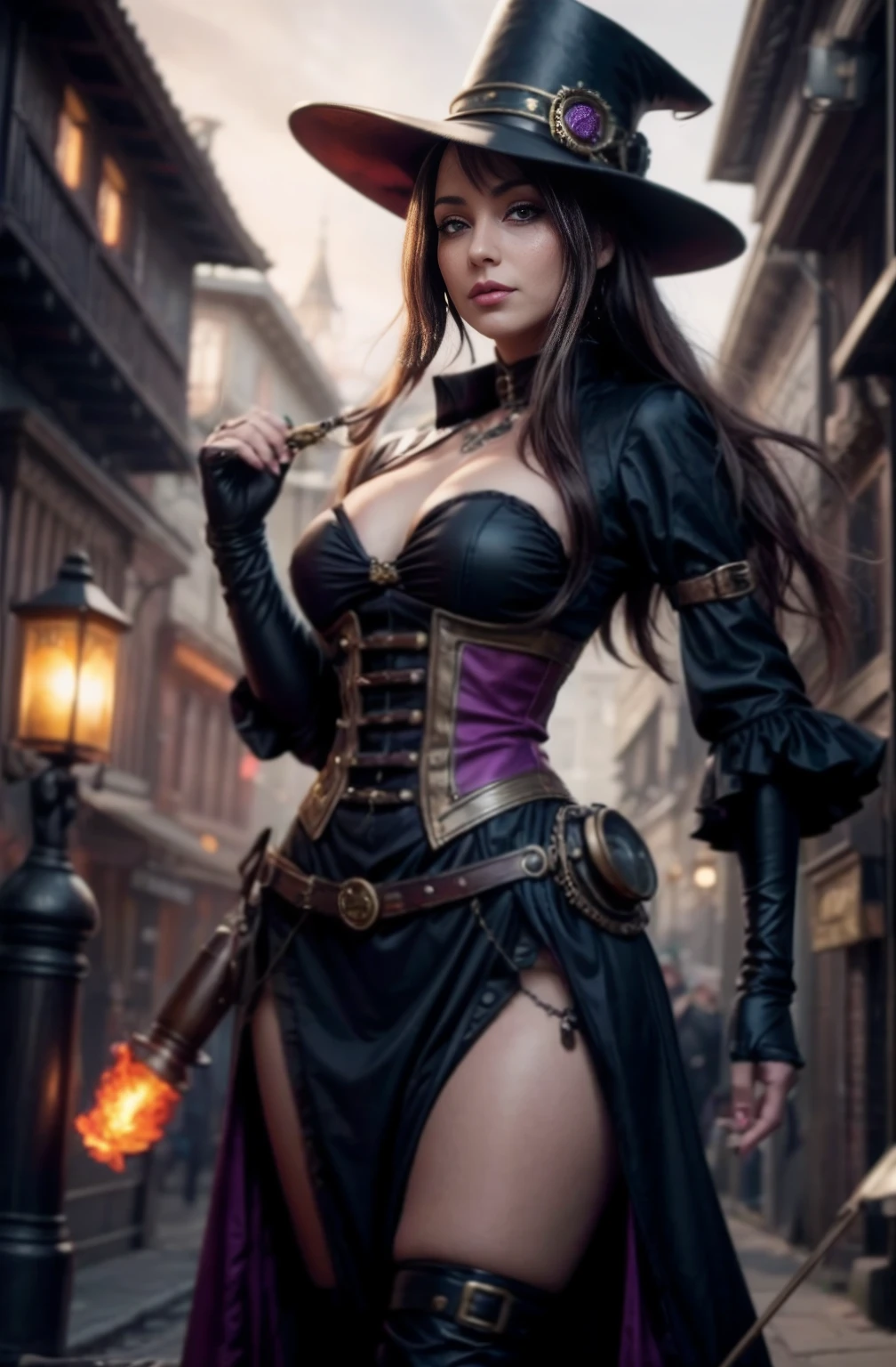 Lady of Alafed – Steampunk costume and hat pose, steampunk beautiful woman, a lady in a steampunk hat showing off her nails, fish-eye lens, happycore, culturally diverse elements, dark brown and magenta, absinthe culture,