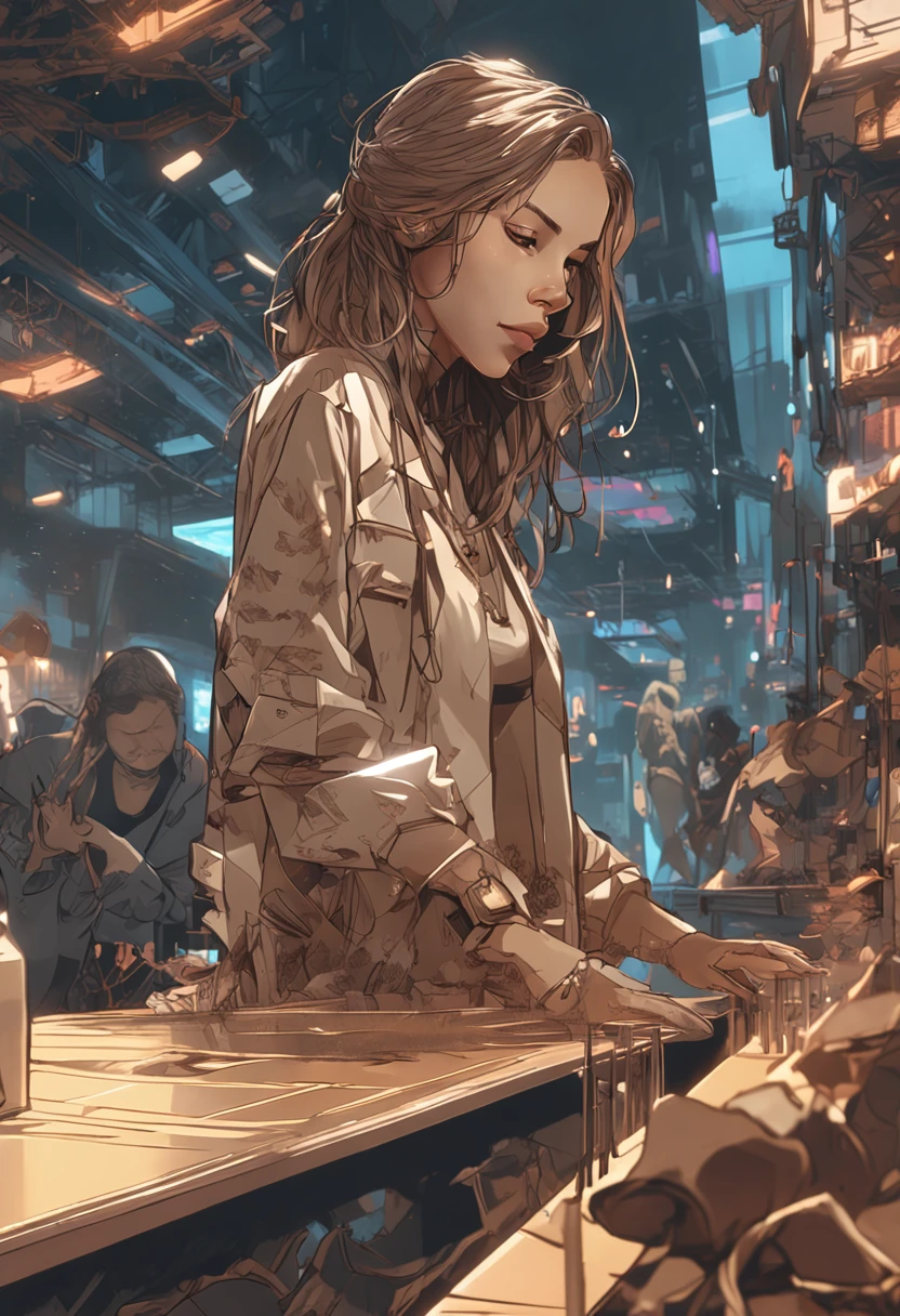 Girl in champagne colored trendy urban clothes at bar, sixteen years old, Long messy hair, Smiling, Full body, Beautiful anime waifu style girl, hyper detailed painting, luminism, art by Carne Griffiths and Wadim Kashin concept art, 4K resolution, fractal isometrics details bioluminescence , 3d rendered, Octane Render, Intricately detailed , Cinematic, trending on artstation Isometric Centered hyperrealistic cover photo awesome full color, handdraw , gritty, realistic mucha , hit definition , Cinematic, On paper, Ethereal background, Abstract beauty,to stand, Approaching perfection, Pure form, Golden ratio, minimalistic, unfinished, Concept art, by Brian Froud、Khan Griffith、Wadim Kashin、john william waterhouse, Intricate details, 8k post-production, High resolution, hyperdetails, Trending on ArtStation, Sharp Focus, studio photo, Intricate details, Highly detailed, By Greg Rutkowski