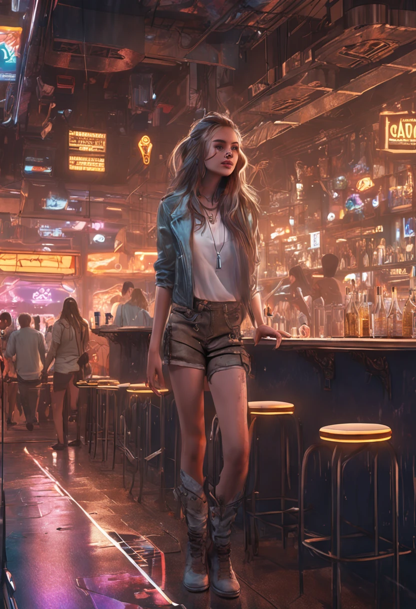 Girl in champagne colored trendy urban clothes at bar, sixteen years old, Long messy hair, Smiling, Full body, Beautiful anime waifu style girl, hyper detailed painting, luminism, art by Carne Griffiths and Wadim Kashin concept art, 4K resolution, fractal isometrics details bioluminescence , 3d rendered, Octane Render, Intricately detailed , Cinematic, trending on artstation Isometric Centered hyperrealistic cover photo awesome full color, handdraw , gritty, realistic mucha , hit definition , Cinematic, On paper, Ethereal background, Abstract beauty,to stand, Approaching perfection, Pure form, Golden ratio, minimalistic, unfinished, Concept art, by Brian Froud、Khan Griffith、Wadim Kashin、john william waterhouse, Intricate details, 8k post-production, High resolution, hyperdetails, Trending on ArtStation, Sharp Focus, studio photo, Intricate details, Highly detailed, By Greg Rutkowski