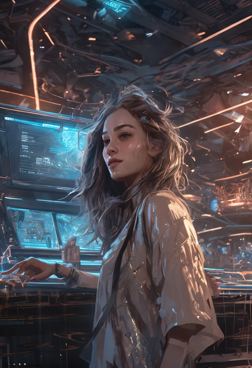 Girl in champagne colored trendy urban clothes at bar, sixteen years old, Long messy hair, Smiling, Full body, Beautiful anime waifu style girl, hyper detailed painting, luminism, art by Carne Griffiths and Wadim Kashin concept art, 4K resolution, fractal isometrics details bioluminescence , 3d rendered, Octane Render, Intricately detailed , Cinematic, trending on artstation Isometric Centered hyperrealistic cover photo awesome full color, handdraw , gritty, realistic mucha , hit definition , Cinematic, On paper, Ethereal background, Abstract beauty,to stand, Approaching perfection, Pure form, Golden ratio, minimalistic, unfinished, Concept art, by Brian Froud、Khan Griffith、Wadim Kashin、john william waterhouse, Intricate details, 8k post-production, High resolution, hyperdetails, Trending on ArtStation, Sharp Focus, studio photo, Intricate details, Highly detailed, By Greg Rutkowski