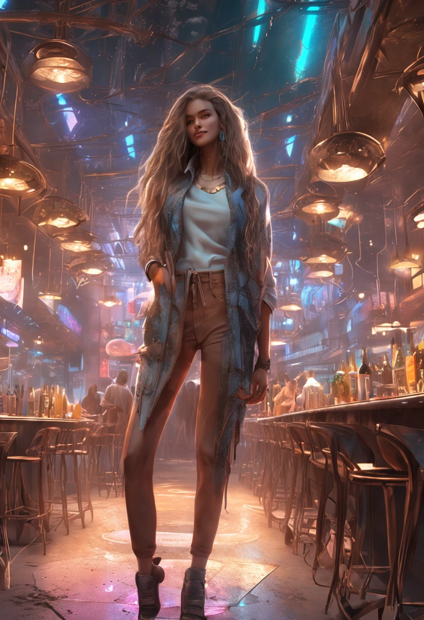 Girl in champagne colored trendy urban clothes at bar, sixteen years old, Long messy hair, Smiling, Full body, Beautiful anime waifu style girl, hyper detailed painting, luminism, art by Carne Griffiths and Wadim Kashin concept art, 4K resolution, fractal isometrics details bioluminescence , 3d rendered, Octane Render, Intricately detailed , Cinematic, trending on artstation Isometric Centered hyperrealistic cover photo awesome full color, handdraw , gritty, realistic mucha , hit definition , Cinematic, On paper, Ethereal background, Abstract beauty,to stand, Approaching perfection, Pure form, Golden ratio, minimalistic, unfinished, Concept art, by Brian Froud、Khan Griffith、Wadim Kashin、john william waterhouse, Intricate details, 8k post-production, High resolution, hyperdetails, Trending on ArtStation, Sharp Focus, studio photo, Intricate details, Highly detailed, By Greg Rutkowski