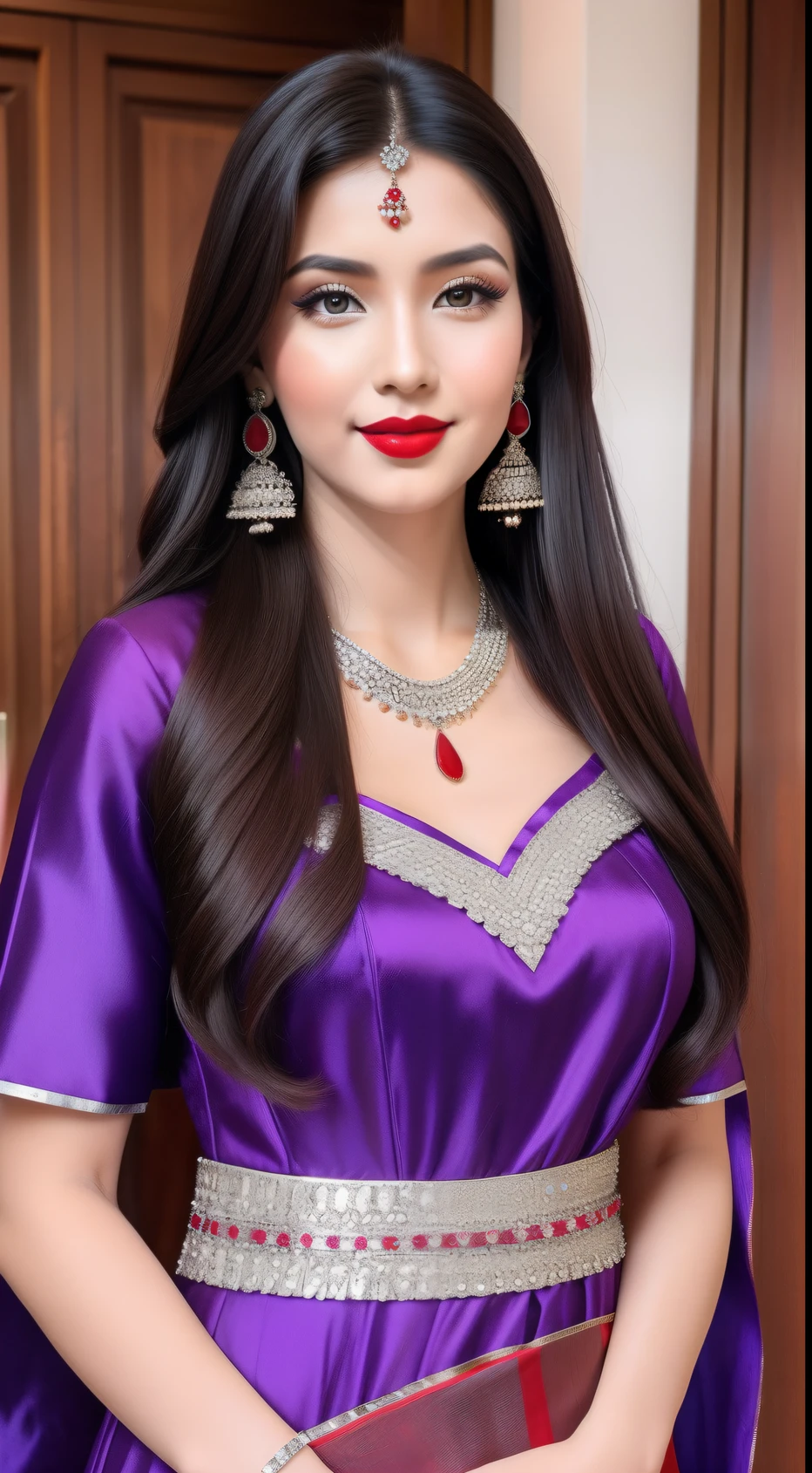 a beautiful bodo woman in a traditional purple dress, long brunette hair, long red nails, red lips, wears a silver necklace and earrings, full body picture