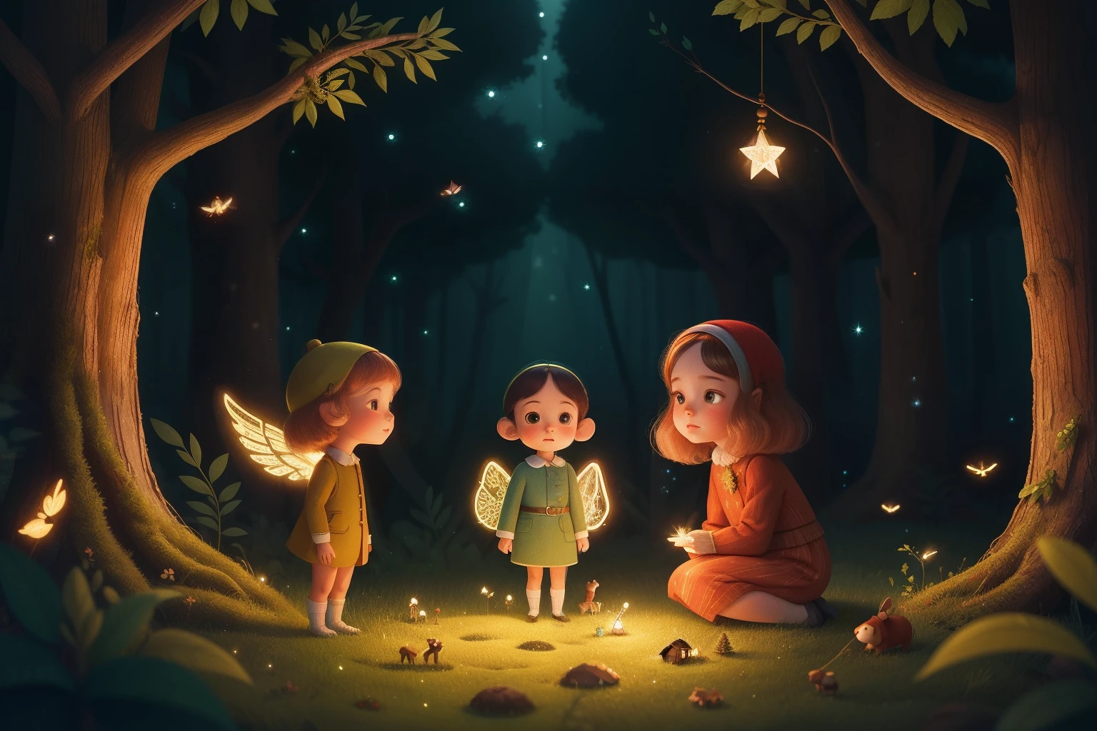 Within a surreal Wes Anderson forest, tiny beings with luminous hair, eyes that sparkle like stars, and ethereal wings, explore a hidden world of firefly-lit treehouses and enchanted flora.