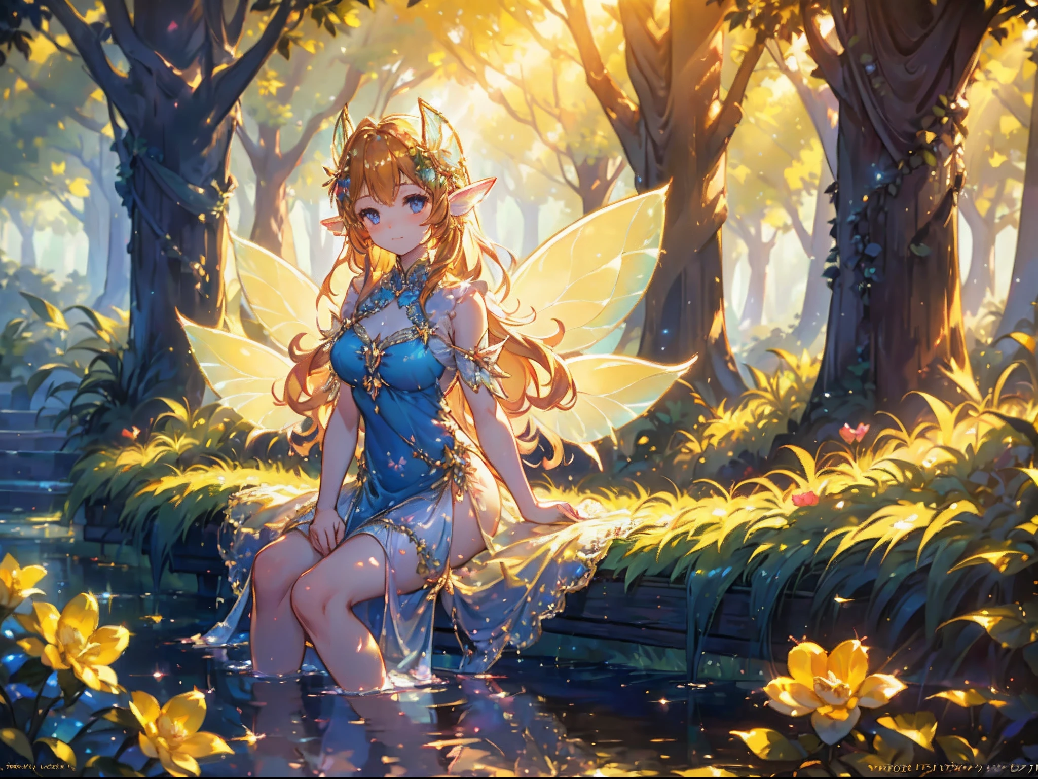 Oil painting, Impressionist, Sitting by a deep forest fountain in the gentle sunlight, feet immersed in water A girl, Beautiful face and brightly colored shining eyes. (Wearing big fairy wings of sunshine effect:1.5) 。She wears an intricate and delicate lace dress. Fantastic deep forest lakeside decorated with flowers. Floral. Reflections. Vivid colors. High image quality.