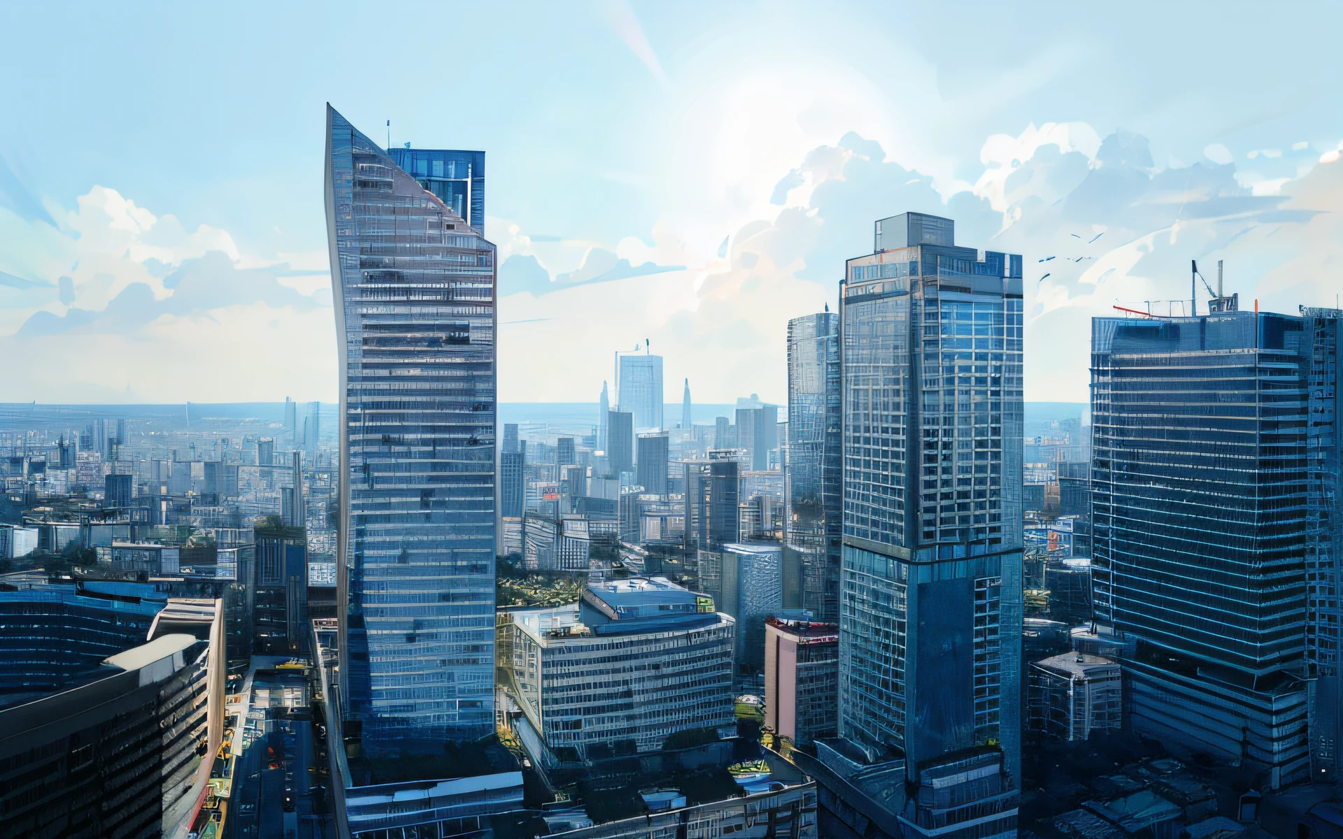 A frenetic landscape of the city with high-rise buildings and blue skies, hwasa, with tall glass skyscrapers, Skyscraper on background, author:Adam Maczynski, poland, View, tall buildings in background, author:Valenti Vankovic, Skyscrapers in the background, skyline showing, highrise business district