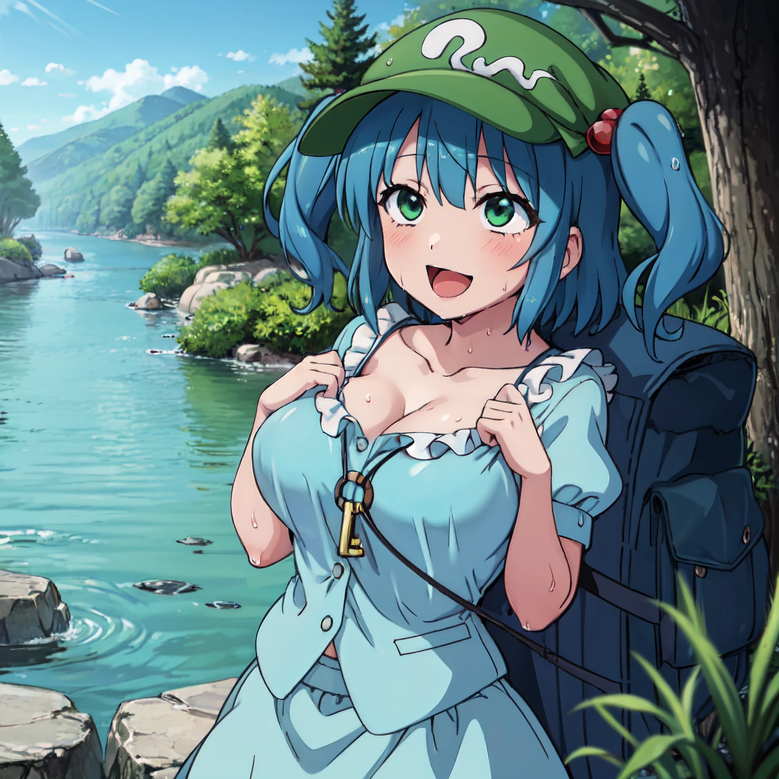 (masutepiece, Best Quality:1.2),loli face,pov, Solo, 1girl in, Kawashiro Nitori,Happy smile,, two side up, hair bobbles, Hair Ornament, green headwear, Shirt, Puffy Short Sleeves, skirt set, pockets, keys, backpack, Outdoors,River,Nature,Ahegao,Vulgar,large full breasts,Wet,steam,Beautiful lighting,oppai loli,grabbing her own breasts,nsfw,