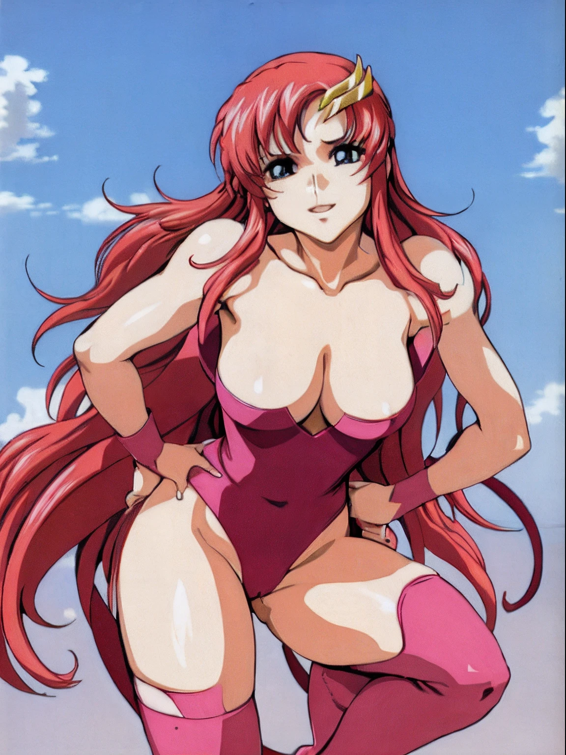 (masterpiece, 4K, Best Quality, Anime style: 1.9, bold drawing lines, High color saturation, Detailed face, tall, Adult Woman, lovely, (cloud background), Drawing lines, high resolution, Anime, lacus4), 1girl in, Solo, curvy figure, Long hair, 鎖骨, scapular, Wavy Hair, Detailed wide hair bangs, Hair Ornament, Detailed reddish-pink hair, cleavage, large hands, Big blue eyes, Smile, closed mouth, Very happy, ((closed fists)), (laughing, open mouth), ((medium breasts)), ((strapless wrestling leotard), (wrestling long boots), bare thighs, strong arms, biceps, rib lines, lip stick, ((lean forward)), legs, standing, (hands on hips), happy, bare shoulders