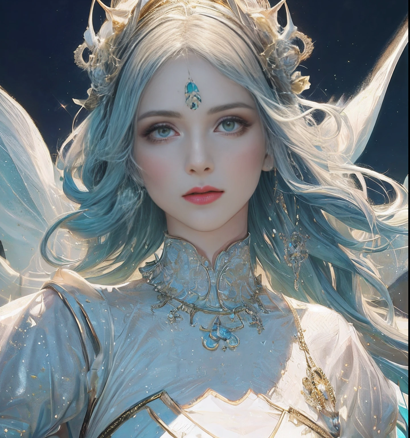Glenda is a good witch, wizard of oz. 36K resolution, Cotton Candy Queen Female Goddess Hyper-realistic intricate details rendered in 8K resolution、Lives inside a frosty heart-shaped ice bubble。, A fantasy place with lots of castles, Cotton candy, swan lake and fluffy clouds, Complex visual representation of computer programming, Rendered in 24K resolution with intricate details and symbols.