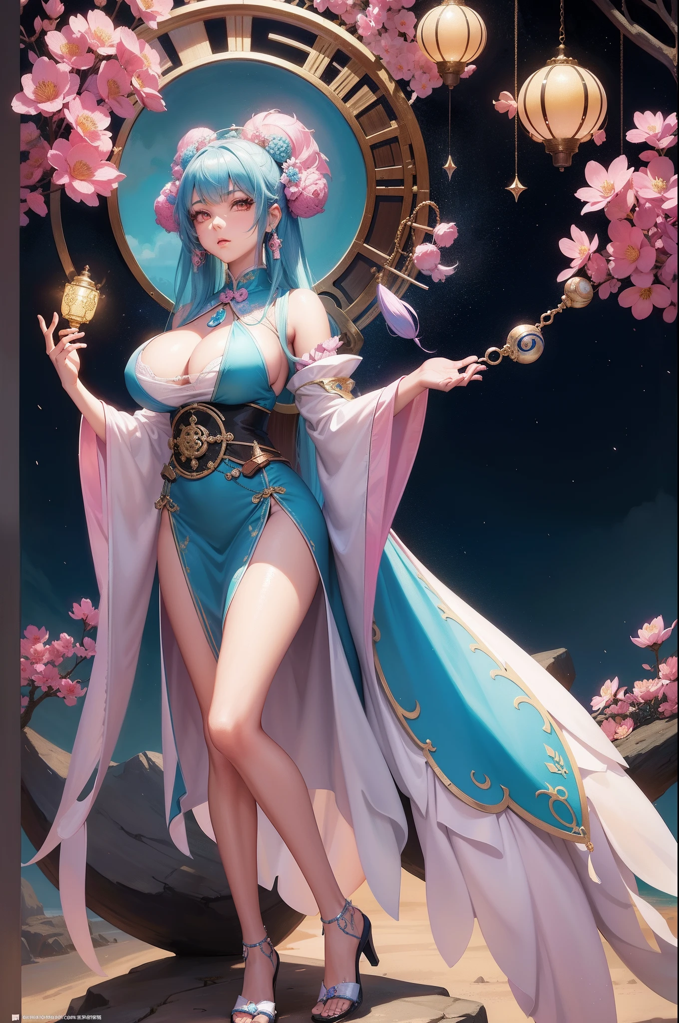 Digital illustration of black African women in Art Nouveau, steampunc, anime big breast, Pretty face, Large scale, Realistic proportions, Highly detailed, smooth, Sharp focus, 8K, Ray tracing, Digital painting, concept art illustration, By Artgerm, trending on artstationh,There was a girl in a pink dress standing on a rock, fantasyoutfit, cotton cloud mage robes, pink twintail hair and cyan eyes, inspired by Park Hua, full-body xianxia, lunar themed attire, gilded lotus princess, inspired by Hong Ren, azur lane style, jellyfish shrine maiden 8k, inspired by Ren Xiong, dreamy dress