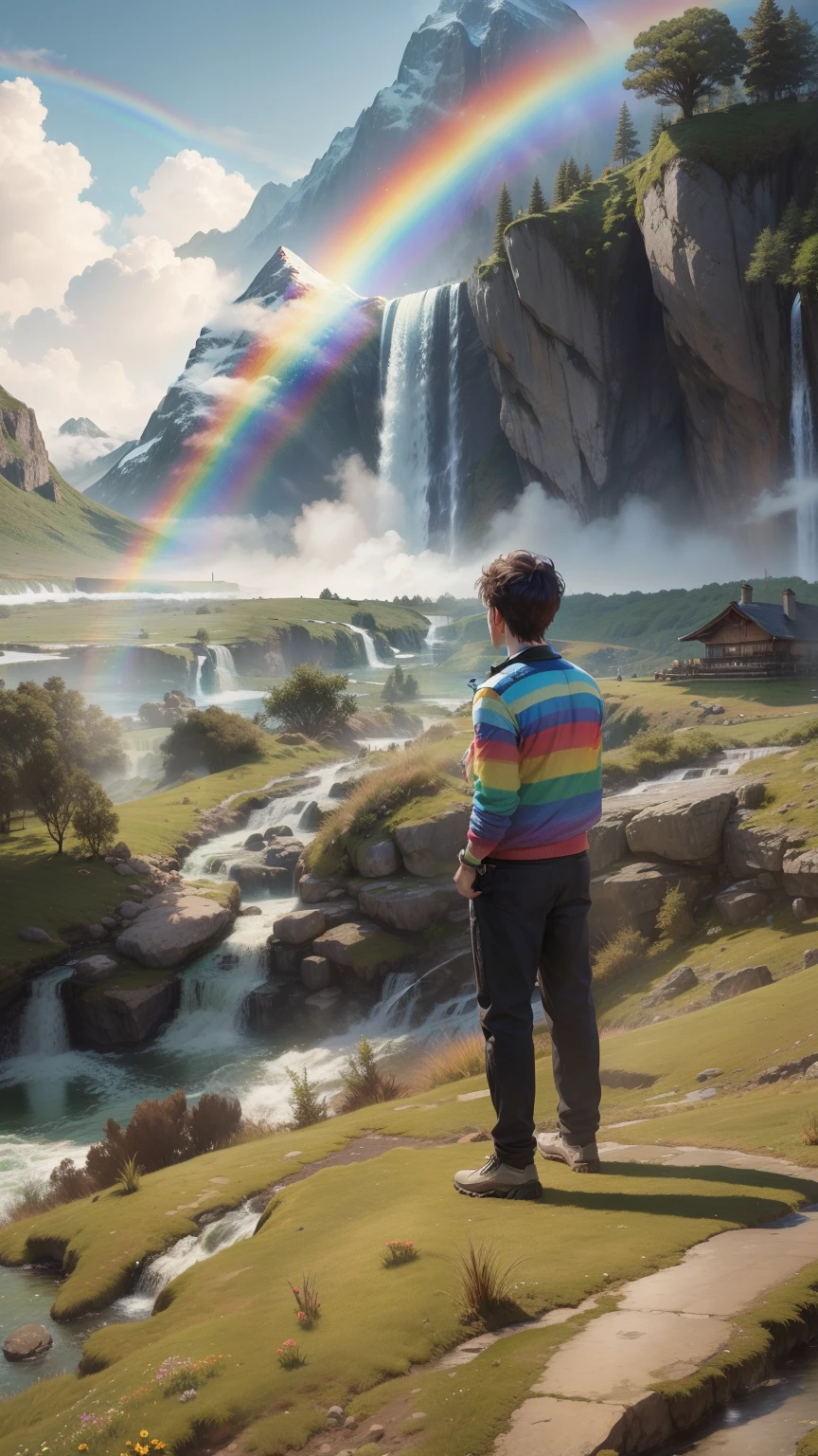 In this picture he is a male. Change background beautiful waterfall mountain rainbow flower and grass realistic and futuristic view in 8k
