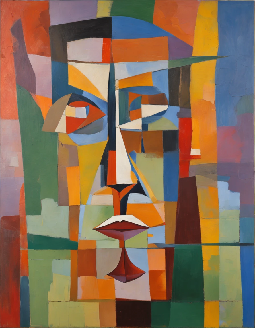 abstract paintings, cubism, neoclassicism, (Gino Severini:1.2), (saddened), (clown:1.5), (torn canvas:1.5)