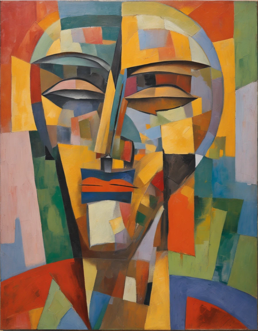 abstract paintings, cubism, neoclassicism, (Gino Severini:1.2), (saddened), (clown:1.5), (torn canvas:1.5)