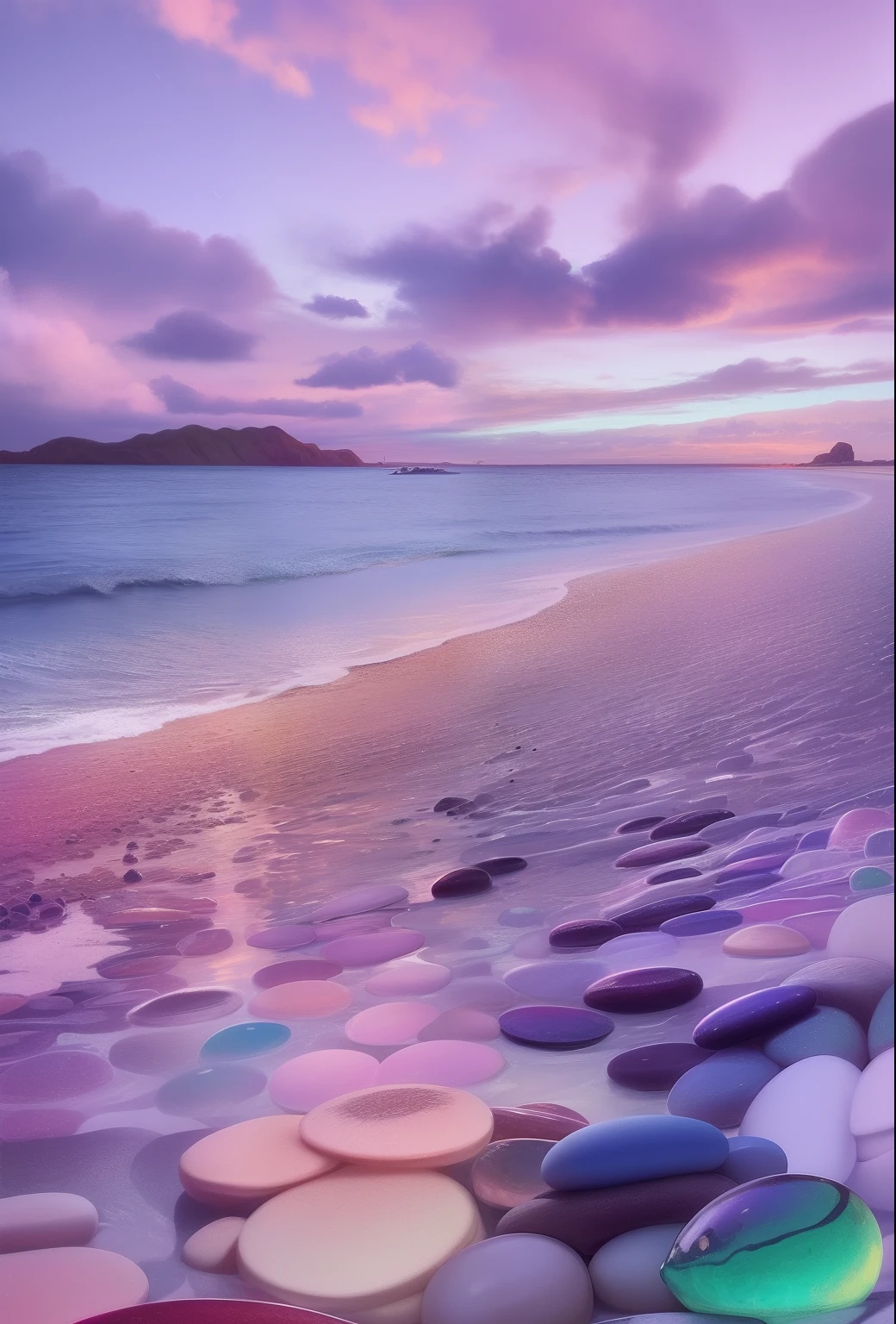 Purple and blue pebbles on the beach,The background is sunset, serene colors, Magical beach, beautiful iphone wallpaper, breathtaking colors, Seafront, colorful hd picure, Extraordinary colorful landscape, Beautiful nature, amazing wallpapers, Wallpaper phone, Magnificent background, beautiful digital art, surreal colors, Calm and vivid colors, digital art picture, Colorful scene, stunning screensaver