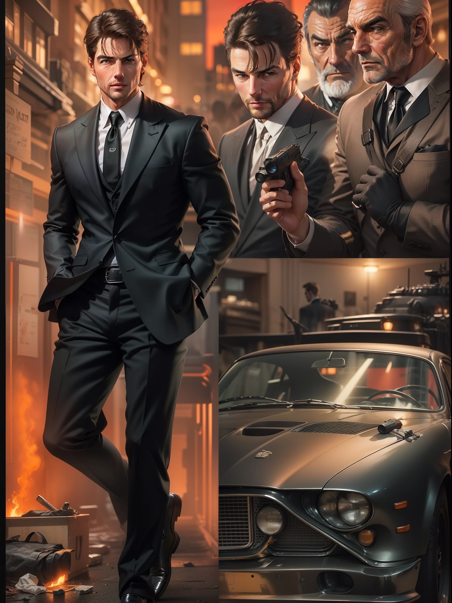 Special Agent Handsome, steals a top-secret scheme, (Dressed in a black special spy suit), Around lasers, tmasterpiece, Ultra-detailed geperrealism, young Tom Cruise, young Sean Connery