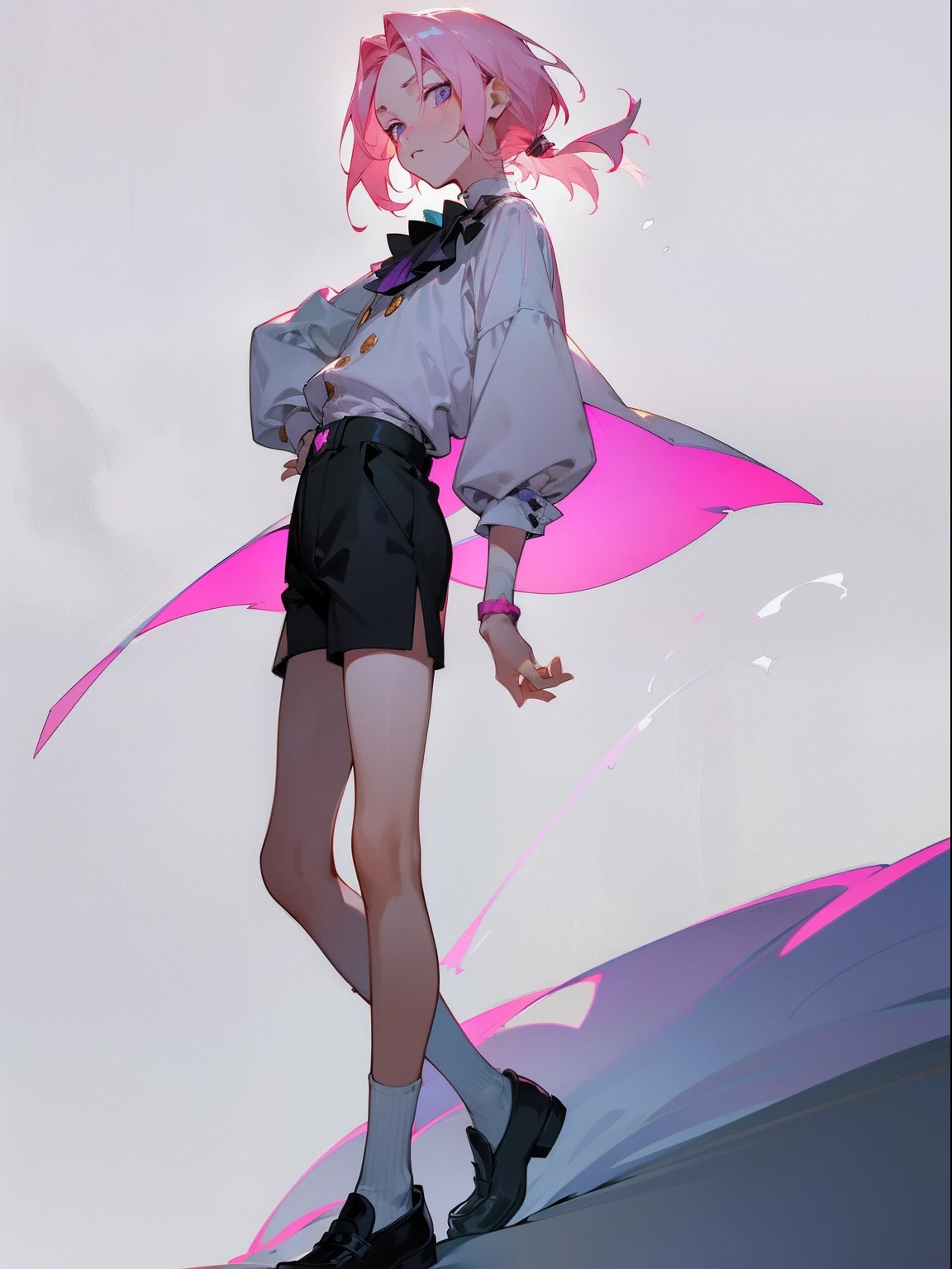 Kohaku Oukawa, anime male, short hair, light pink hair, purple eyes, shota, masterpiece, best quality, male character, anime boy, skinny, slim, male, middle part, young man, teen, forehead showing, slim, teen age, chin length hair, best quality, flawless skin, detailed eyes, oversized outfit, large buttons on shirt, tsundere, male character, lovely boy, soft colors, soft lighting, bokeh, muted colors, light colours, puffed sleeves on shirt, Peter Pan collar, pale lighting, muted color palette, aesthetic, walking, outdoors, outside, full body image, model, loose shorts, long socks, slim body, sharp eyes, simple background, simple pose, detailed face, short haircut, loafers, short anime male