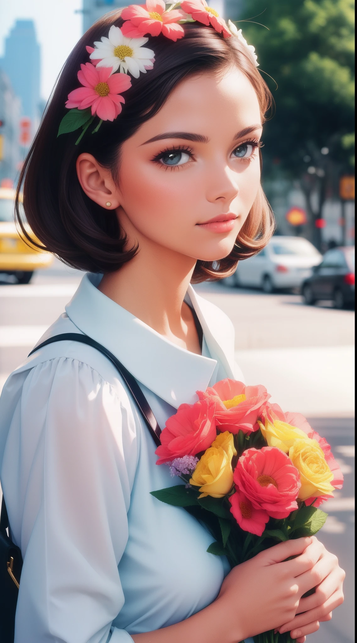Close up woman with fashion street style photo, Background with flowers, shot on Lomography XPro 200, Photo by Mario Testino