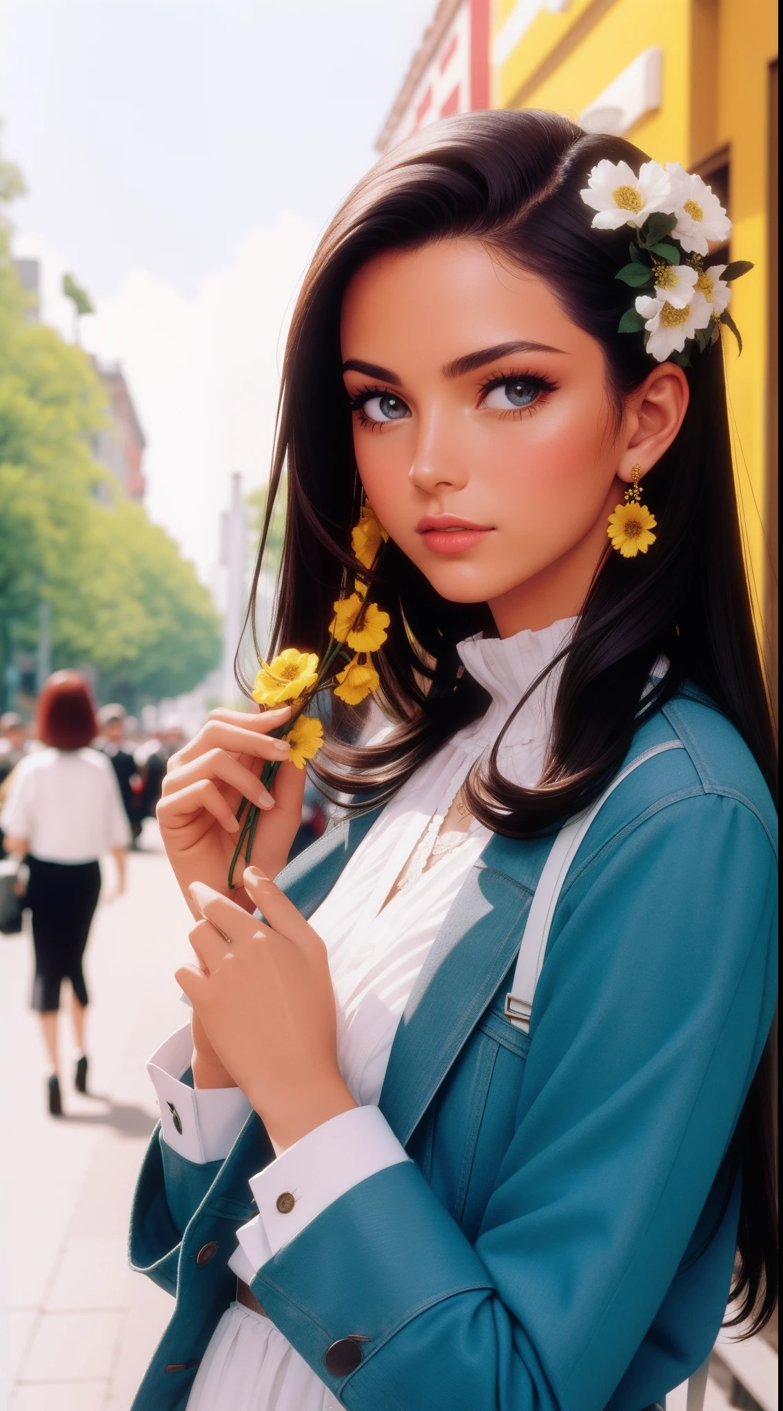 Close up woman with fashion street style photo, Background with flowers, shot on Lomography XPro 200, Photo by Mario Testino