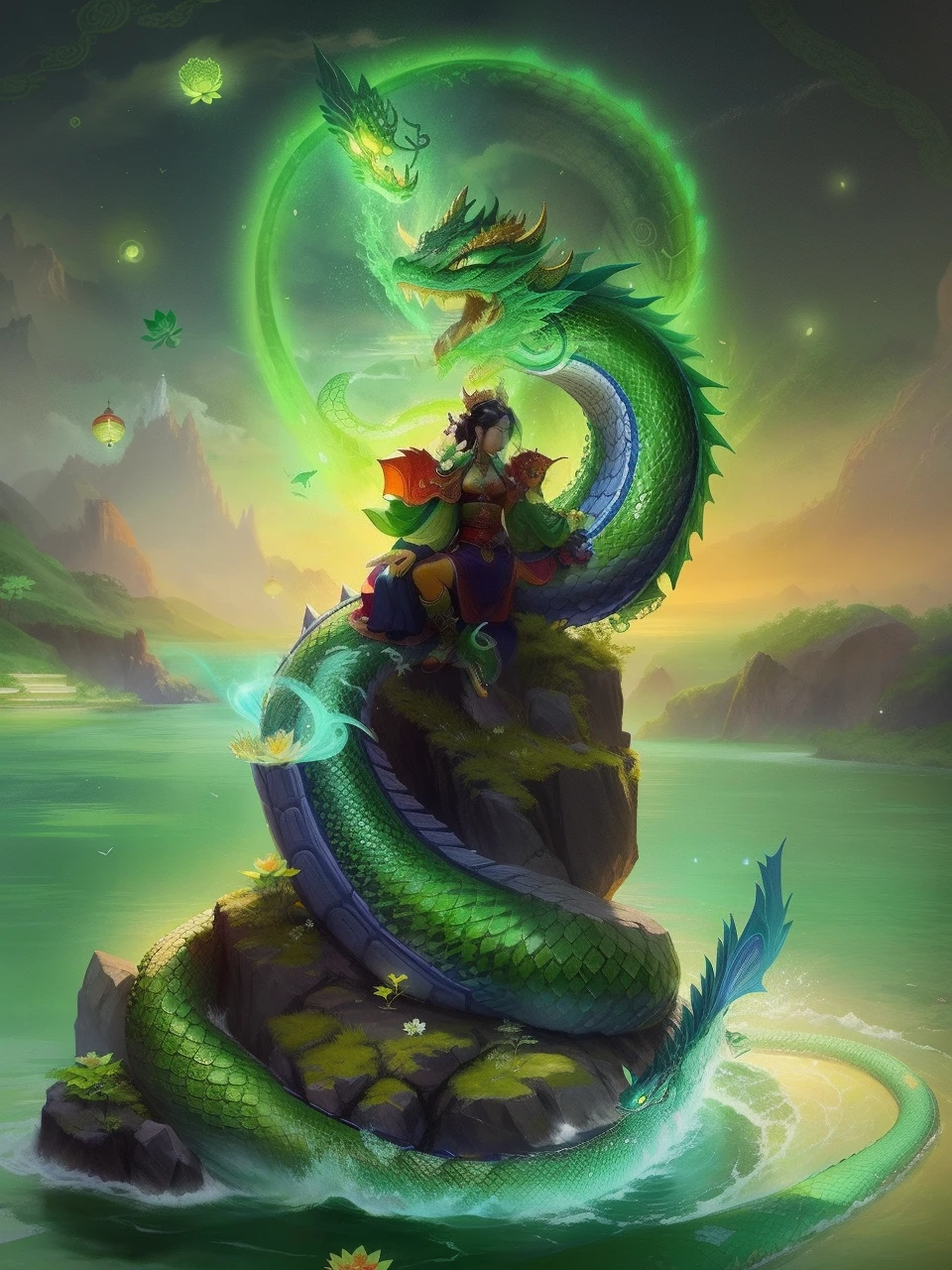 A green serpent on a rock with a lotus flower in its mouth., Portrait of a dragon, naga-tirr, snake, Quetzalcoatl, Portrait of the Holy Serpent, Chenron, snake, green dragon, Tibetan painting, queen of the sea mu yanling, by Wen Boren, Naga-Hakash, The snake has great mysterious wings.
