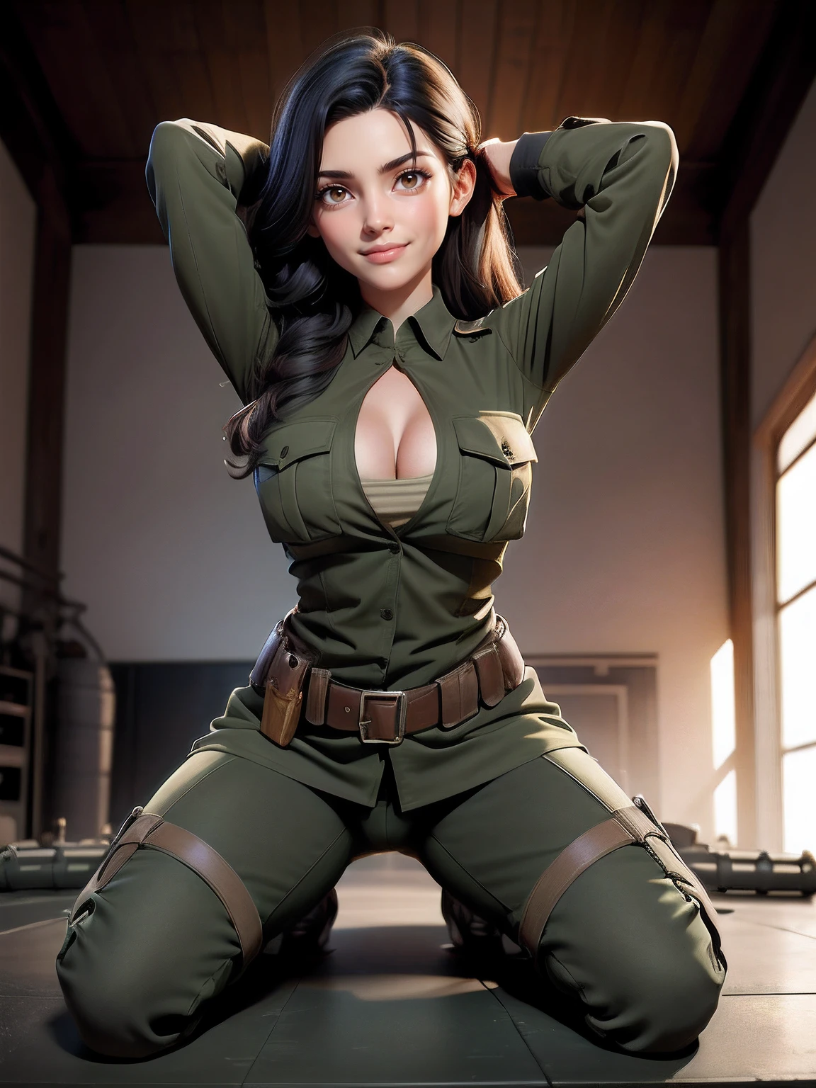 Woman in olive green soldiers uniform, black short gloves, brown eyes, long black hair, Evel smile, cleavage, hot girl, arms lifted up behind the Head, open legs, full body, first-person view, wide shot, wide-angle, masterpiece, high details, best quality, HD, realism, Nikon, sittinig on a gun barrel of a tank.