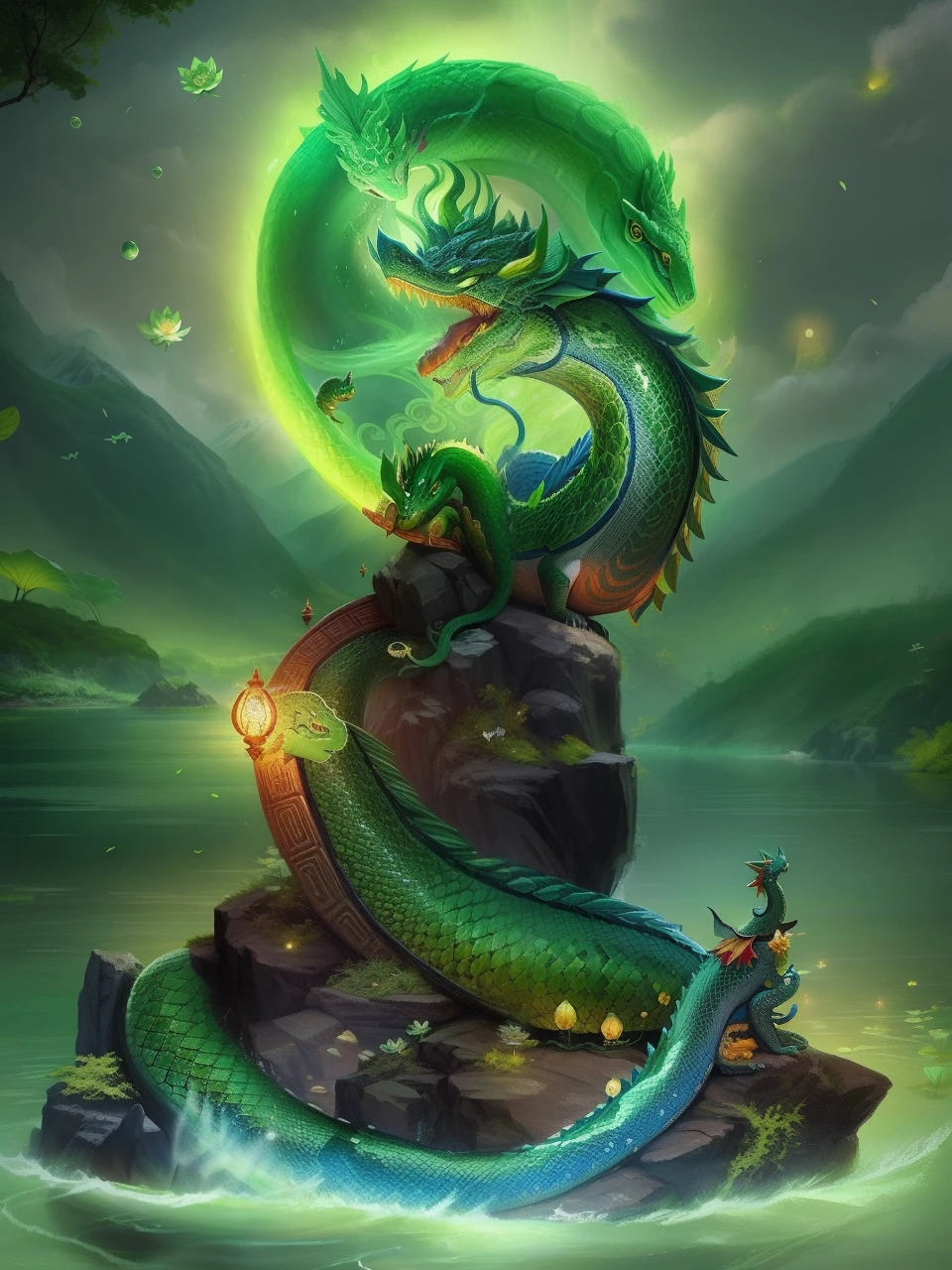A green serpent on a rock with a lotus flower in its mouth., Portrait of a dragon, naga-tirr, snake, Quetzalcoatl, Portrait of the Holy Serpent, Chenron, snake, green dragon, Tibetan painting, queen of the sea mu yanling, by Wen Boren, Naga-Hakash, The snake has great mysterious wings.