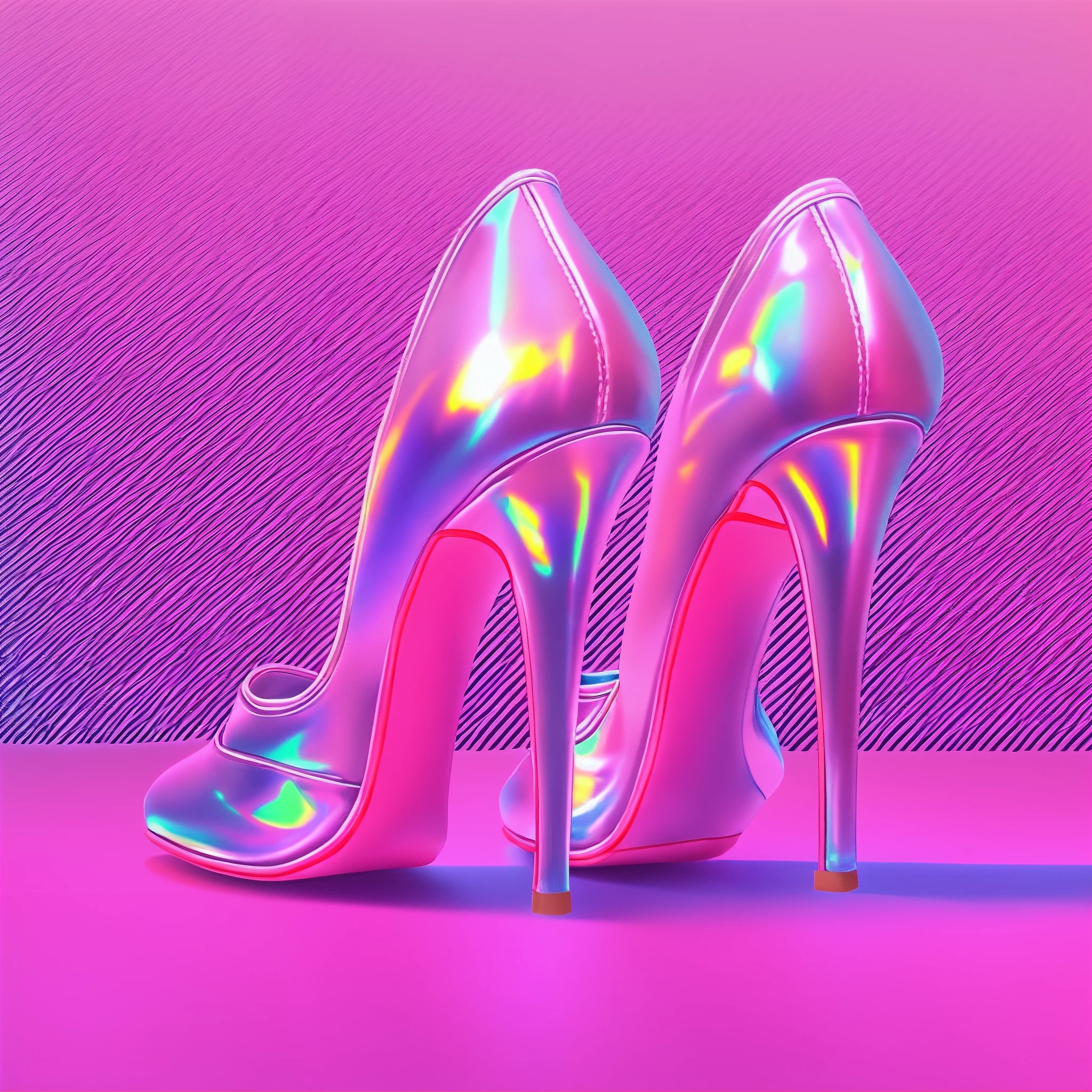 A pair of high heels,without humans,(Top resolution:1.5), (Top image quality:1.5), Close-up of a pair of shoes on a shiny surface, slightly holographic, fairy tale style background, made in adobe illustrator, Magical items, holograph, illustration!, Pink high heels, Transparent heels,deep dark background