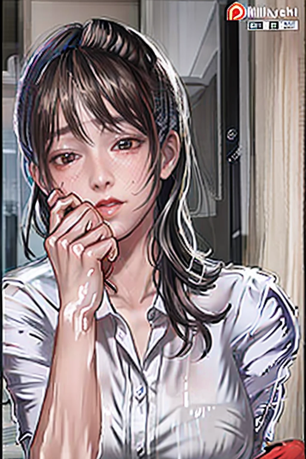 cellphone, phone, 1girl, holding_phone, smartphone, solo, selfie, looking_at_phone, holding, brown_eyes, long_black_hair, shirt, breasts, red_lips, showing_breast