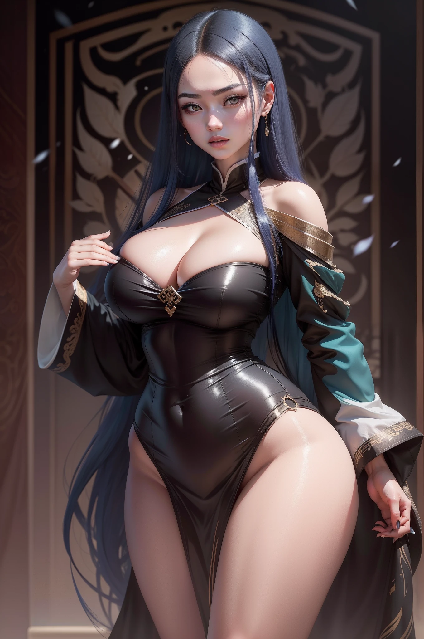 She has long black and shiny hair,Beautiful lines,Exudes an attractive sheen。Curvy figure,Hit the spot,It's eye-catching。skin tone,I am white,Like snow-white jade。How are my measurements,It is perfectly preserved。Face profile,Soft and three-dimensional,Delicate facial features,Radiant hair,The eyes are slightly larger,Willow eyebrows,Cherry mouth,The nose is high,Pupil blue,Hair color turquoise,Face contouring melon seed face,The costume was changed to ancient Hanfu,Bare chest and legs,Wear white stockings on the legs