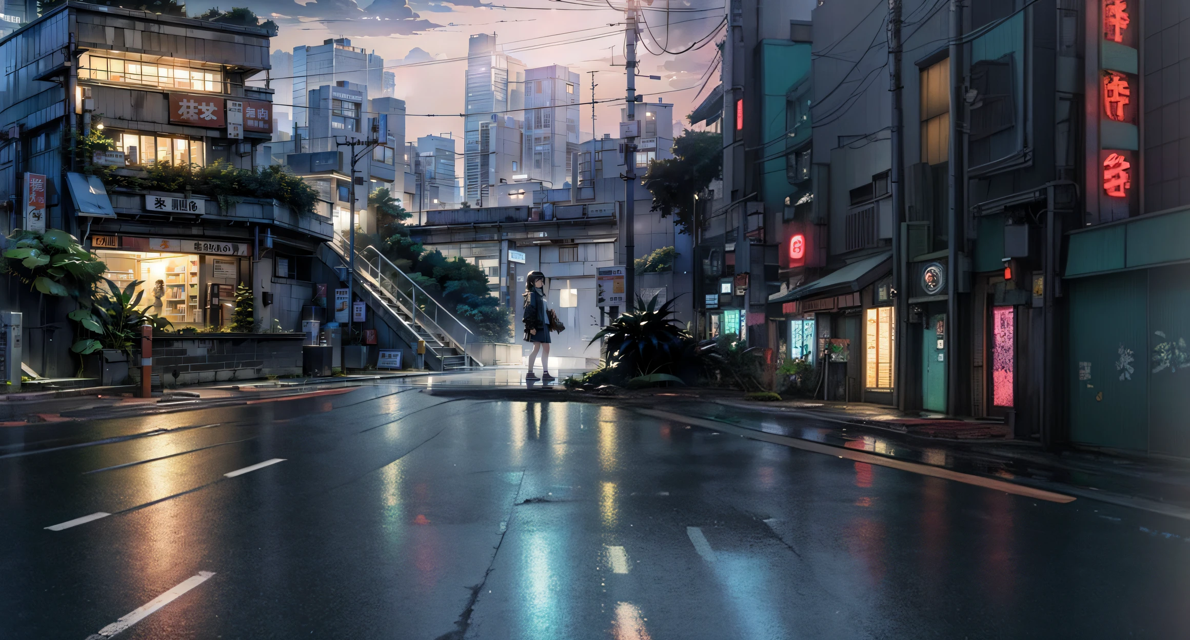 Anime city street view with a woman standing on a sidewalk, tokyo anime anime scene, set in post apocalyptic tokyo, cyberpunk streets in japan, anime style cityscape, cyberpunk hiroshima, Gloomy. By Makoto Shinkai, Anime cyberpunk moderno, hd anime cityscape, Japan city, rainy cyberpunk city, In a cyberpunk city, cyberpunk anime art, in a tropical and dystopic city