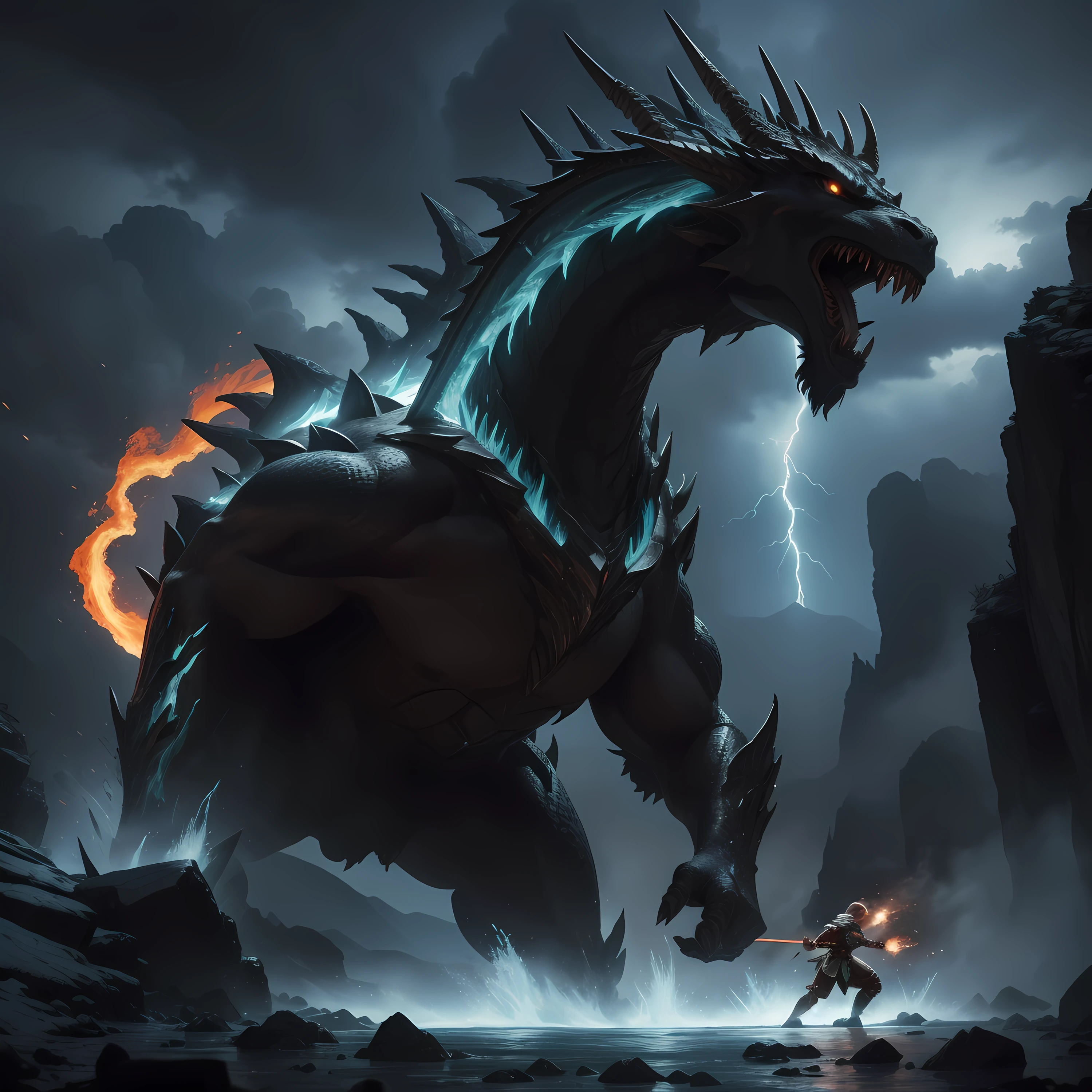 A breathtaking artistic depiction of an epic action scene, featuring a heroic warrior engaged in a fierce battle against a colossal, mythical beast. The warrior, clad in gleaming armor, expertly wields a sword wreathed in crackling flames, while the monstrous creature, a ferocious amalgamation of dragon and serpent, unleashes a torrent of icy breath. The battleground, a craggy cliffside overlooking a vast, storm-tossed sea, is illuminated by flashes of lightning that cast dramatic shadows and highlights across the scene. Explosions of fire and ice, shards of rock, and the fluid motion of the combatants' movements are captured with dynamic brushstrokes and vibrant colors, evoking the raw energy and intensity of the struggle. The composition conveys a sense of grandeur and scale, immersing the viewer in the heart of this epic action scene.