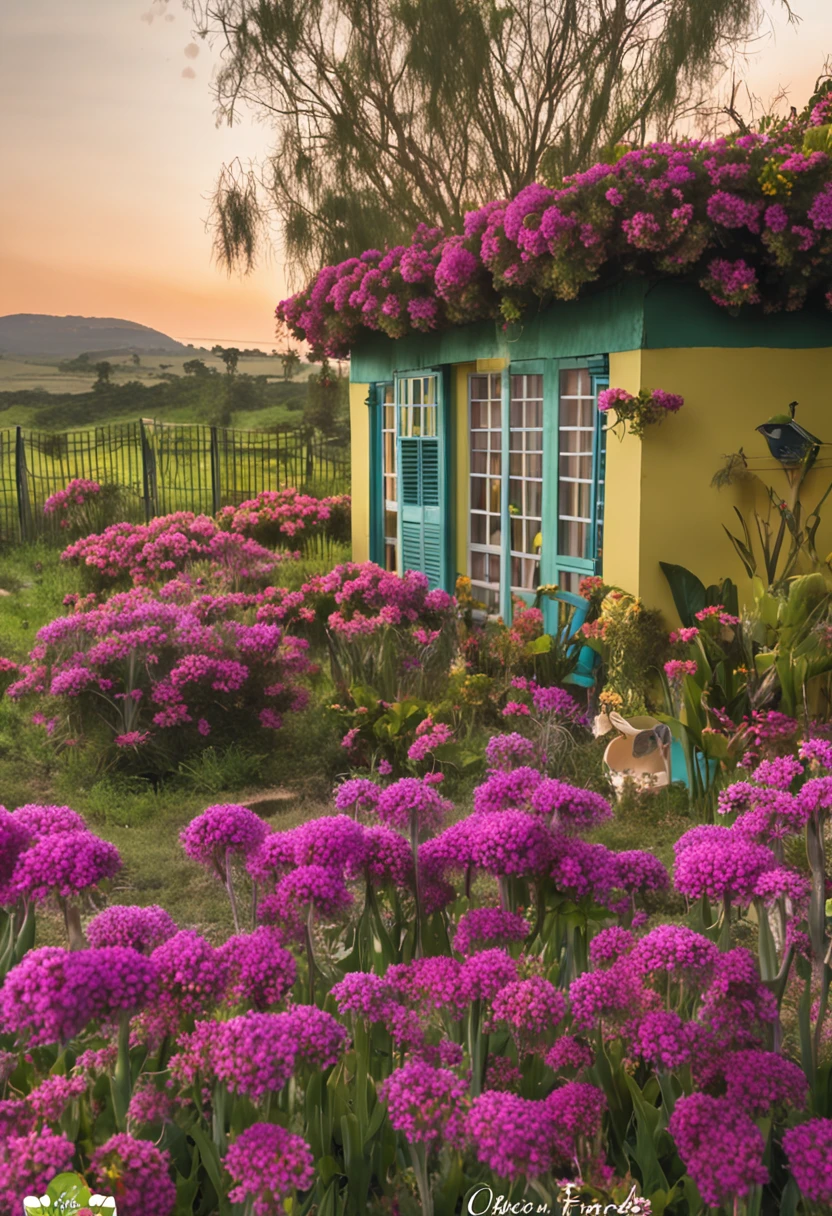 casa de fazenda com vasos de lavandas e margaridas, flor de cerejeiras caindo pelo caminho verde , muito iluminado, com sol forte, gatinho brincando e borboletas voando