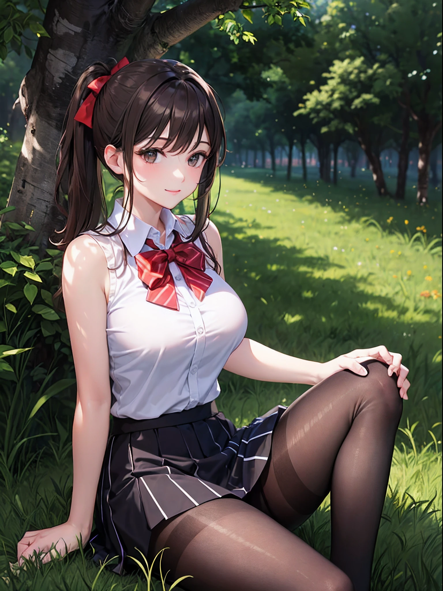 (top-quality: 1.3)、(masterpiece: 1.3)、(The ultra-detailliert: 1.3)、(wall-paper, one girls)、(White sleeveless collared shirt:1.3)、(Black Mini Flared Skirt:1.3)、(Brown pantyhose:1.3)、Red bow tie、(Brown hair:1.3)、Medium Hair、poneyTail、(Beautiful Large Breasts:1.3)、a park、ssmile、sit with your legs open on the grass