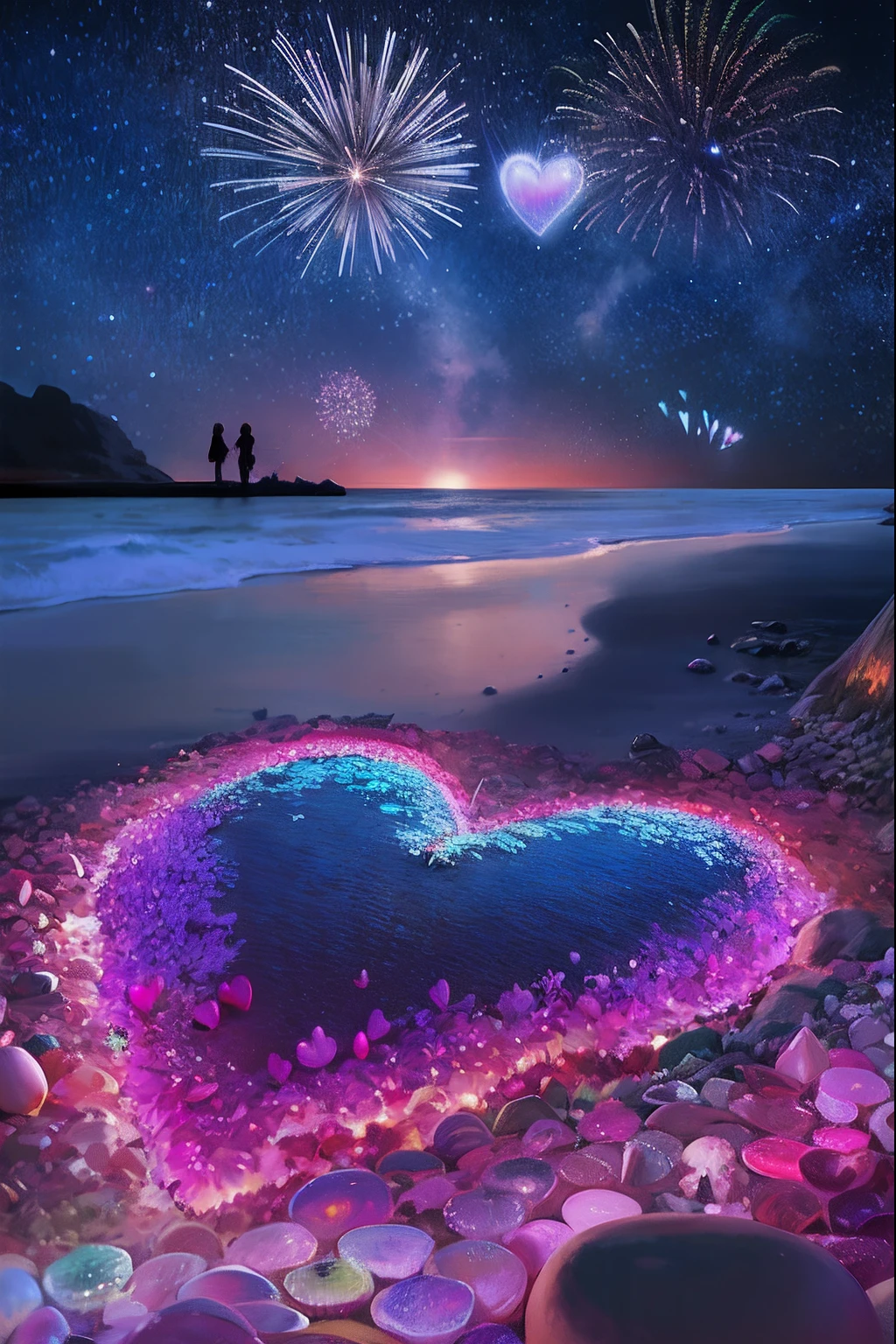Fireworks and heart-shaped rocks on the beach，A couple standing on the shore, Romantic!!!, amazing background, Magnificent background, stunning screensaver, ❤🔥🍄🌪, Beautiful background, amazing wallpapers, love is begin of all, magic heart, Beautiful wallpaper, dreamy and romantic, very beautiful photograph of, sitting on the beach at night, beautiful image ever created