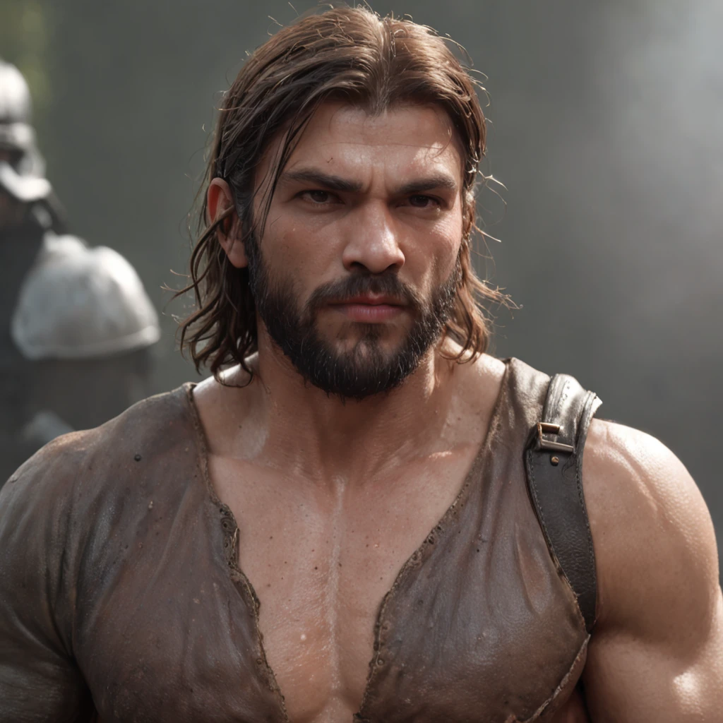 (Professional 3D rendering:1.3) de (Realistic:1.3) Foto de arte mais bonita do mundo,Features soft, bright male heroes, ((Epic hero fantasy rough muscular man wet hero angry look long hair short beard and fierce expression in dynamic pose, fantastic location, majestoso ambiente desordenado)), corpo inteiro 8k unidade render, action shot, poros da pele, very dark lighting, sombreamento pesado, circunstanciado, Rosto detalhado, (vibrante, fotogrdeia realista, Realistic, Dramatic, Escuro, foco nítido, 8k), (Old leather clothes damaged by bad weather:1.4), ((((Use peles)))), (intrincado:1.4), decadente, (altamente detalhado:1.4), pintura digital, rendering by octane, art stations, Conceito-Arte, liso, foco nítido, illustration, germe da arte, (Loish:0.23), Wlop Ilya Kuvshinov, e Greg Rutkowski e Alphonse Mucha Gracias, (global ilumination, studiolight, Light Volumetric), chuva forte, floating particles, patife, fantasia, Onze, corpo inteiroesbian, ((Fundo escuro e antigo da cidade:1.3)),CGSesociedade,art stations