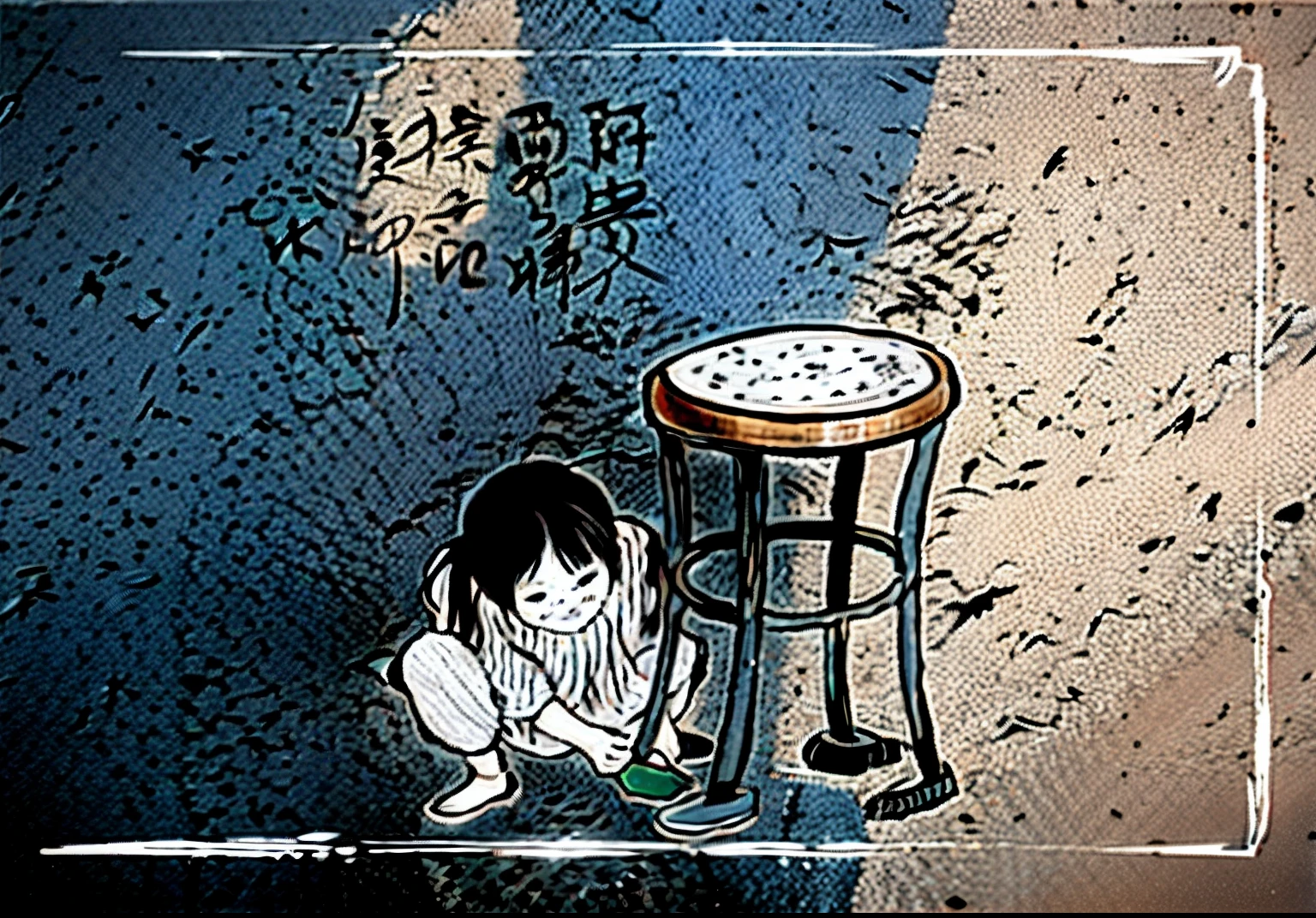  playing with graffiti on the wall of a stool, author：Igiles, author：Wang yi, author：vivy, author：Jiang Huian, sitting on a stool, author：Wu Shixian, Chinese text, Template art, author：Yi Renwen, streetart, hugging his knees, author：Chen Daofu, chinese artist, author：Chen Hongshou, author：Xi Gang