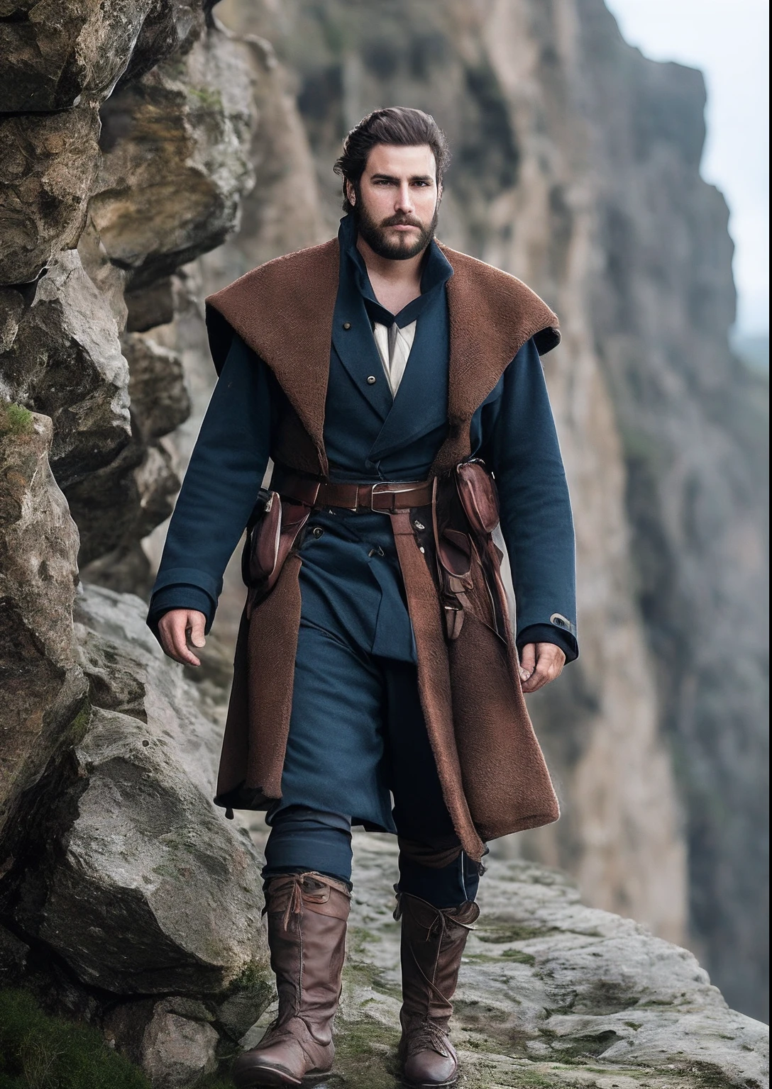 A mature and extremely handsome、Burly male adventurers climb on steep cliffs,Determined to fulfill his mission,messy shortt hair