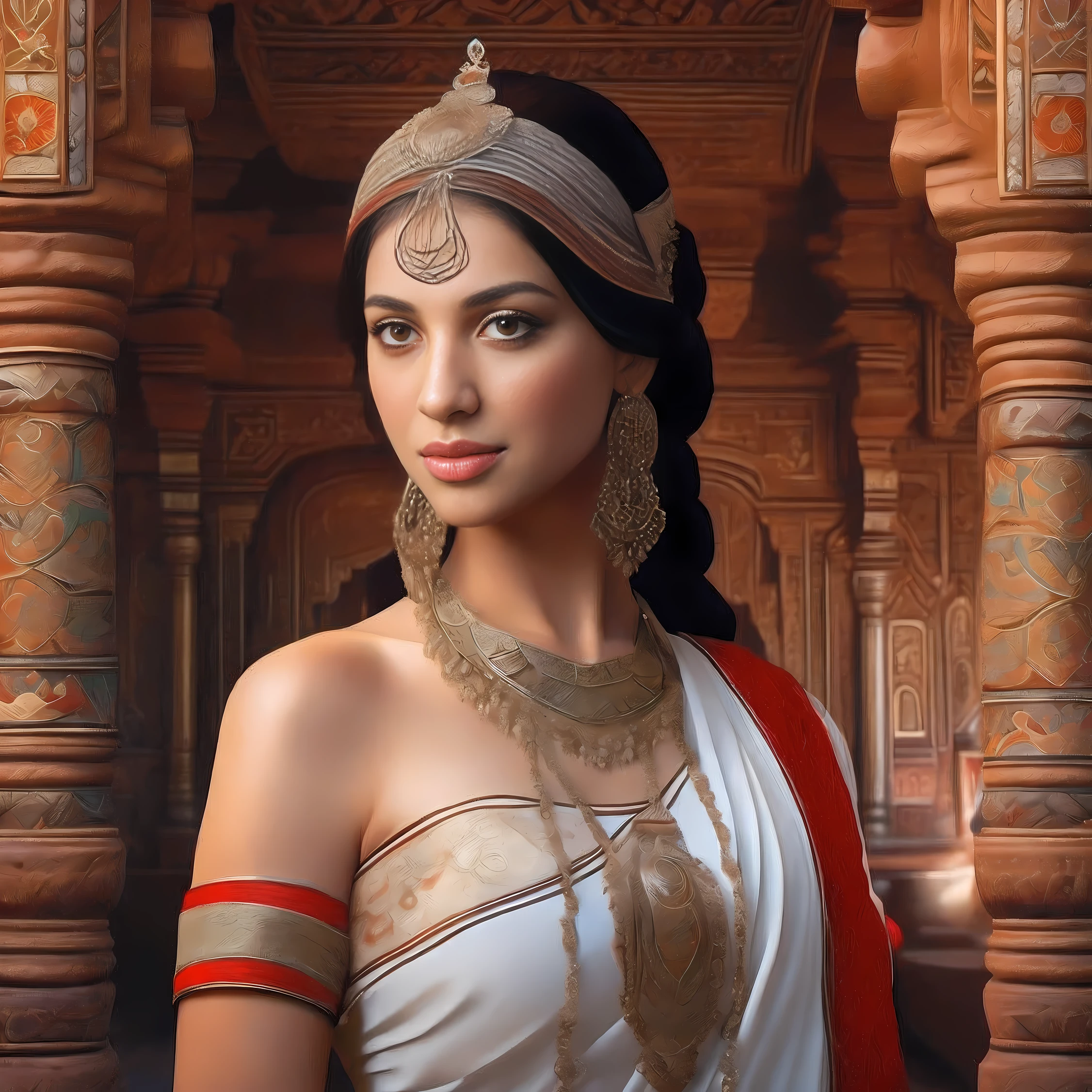 a close up of a woman in a white and red sari, portrait of a beautiful goddess, a stunning portrait of a goddess, a beautiful fantasy empress, 3 d goddess portrait, traditional beauty, beautiful goddess, goddess close-up portrait, aztec princess portrait, indian goddess, goddess. extremely high detail, portrait of modern darna, cinematic goddess close shot