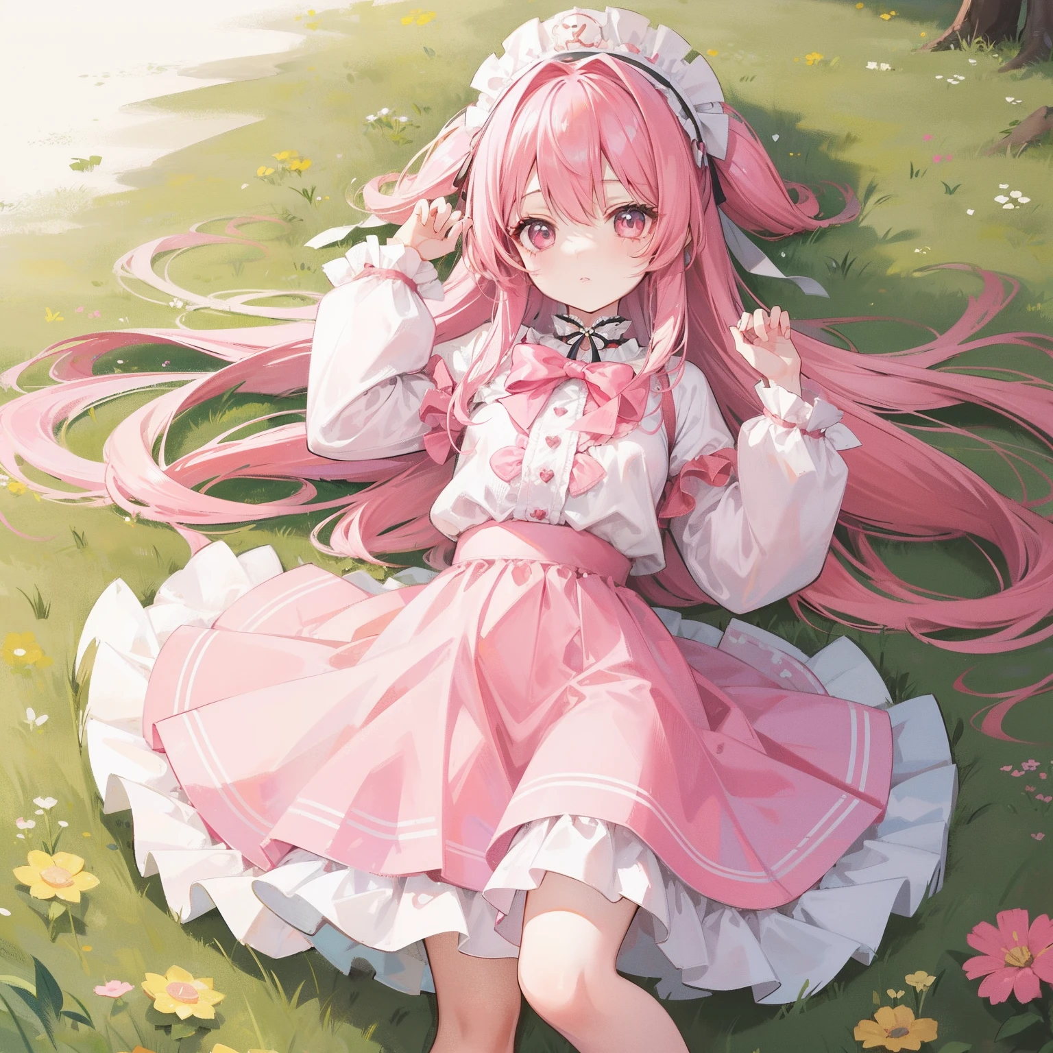 Long pink hair，ta skirt，Hu Hu is a very cute face，This is a cute sweet girl，being in the grassland