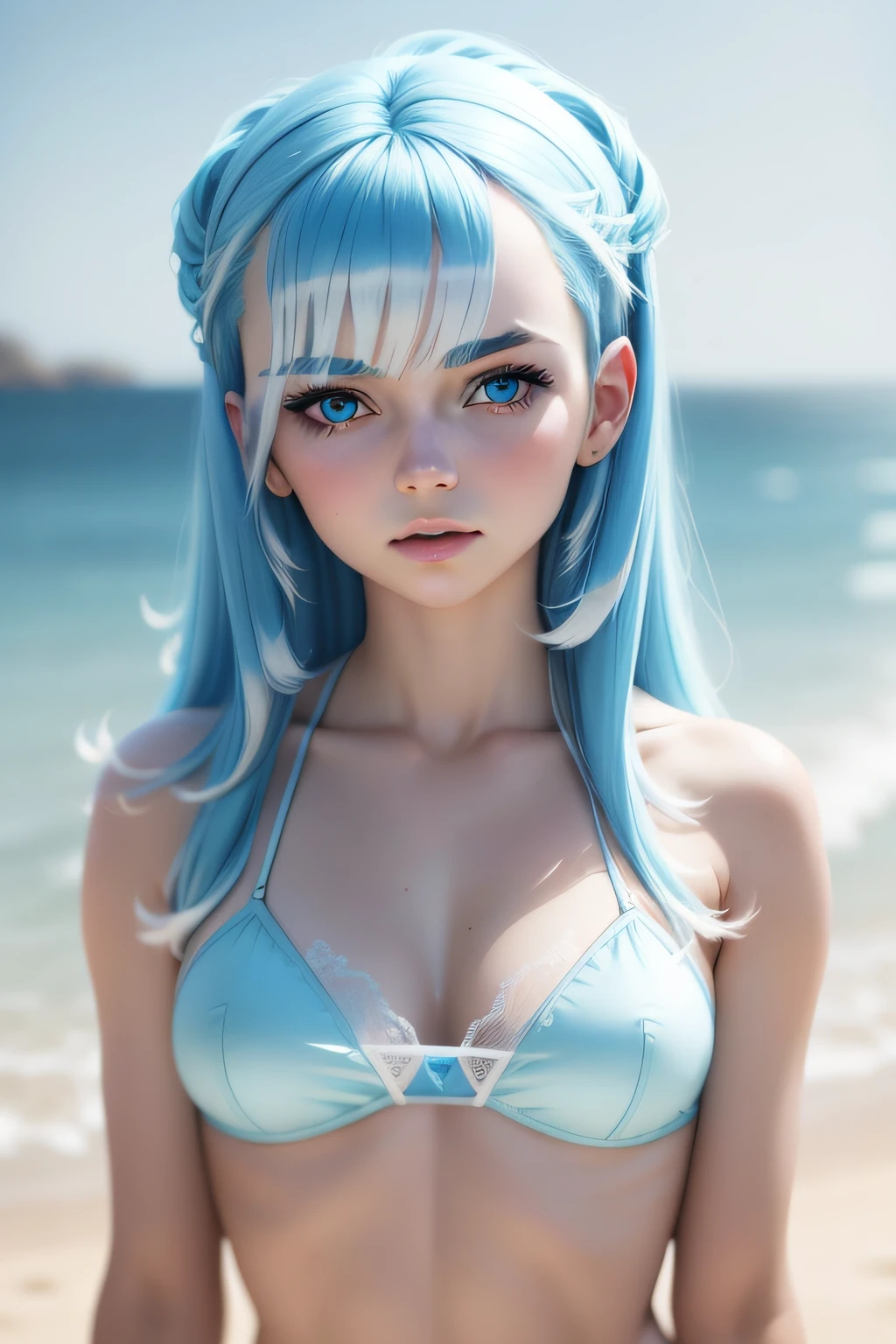 a girl in white transparent camisole with blue hair, blue eyes. her face rendered with intricate detail and natural skin texture, set against a beach backdrop with high-quality, high-resolution, sharp focus, and cinematic lighting., Kobo, Aqua eyes,