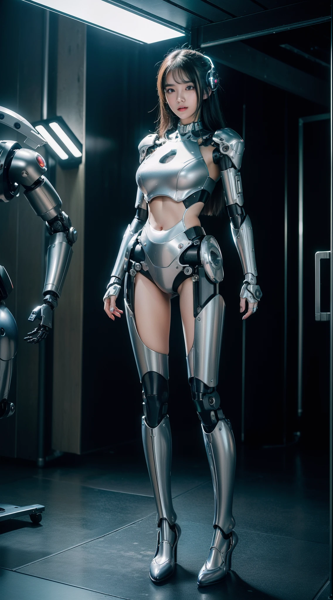 ((Best picture quality, 8K, tmasterpiece: 1.3)), A cute beauty with a perfect figure: 1.4, Slim big breasts, , (standing on your feet:1.2),Highly detailed facial and skin texture,Detailed eyes,二重まぶた,Mechanical robot structure ,cyber punk perssonage:1.2