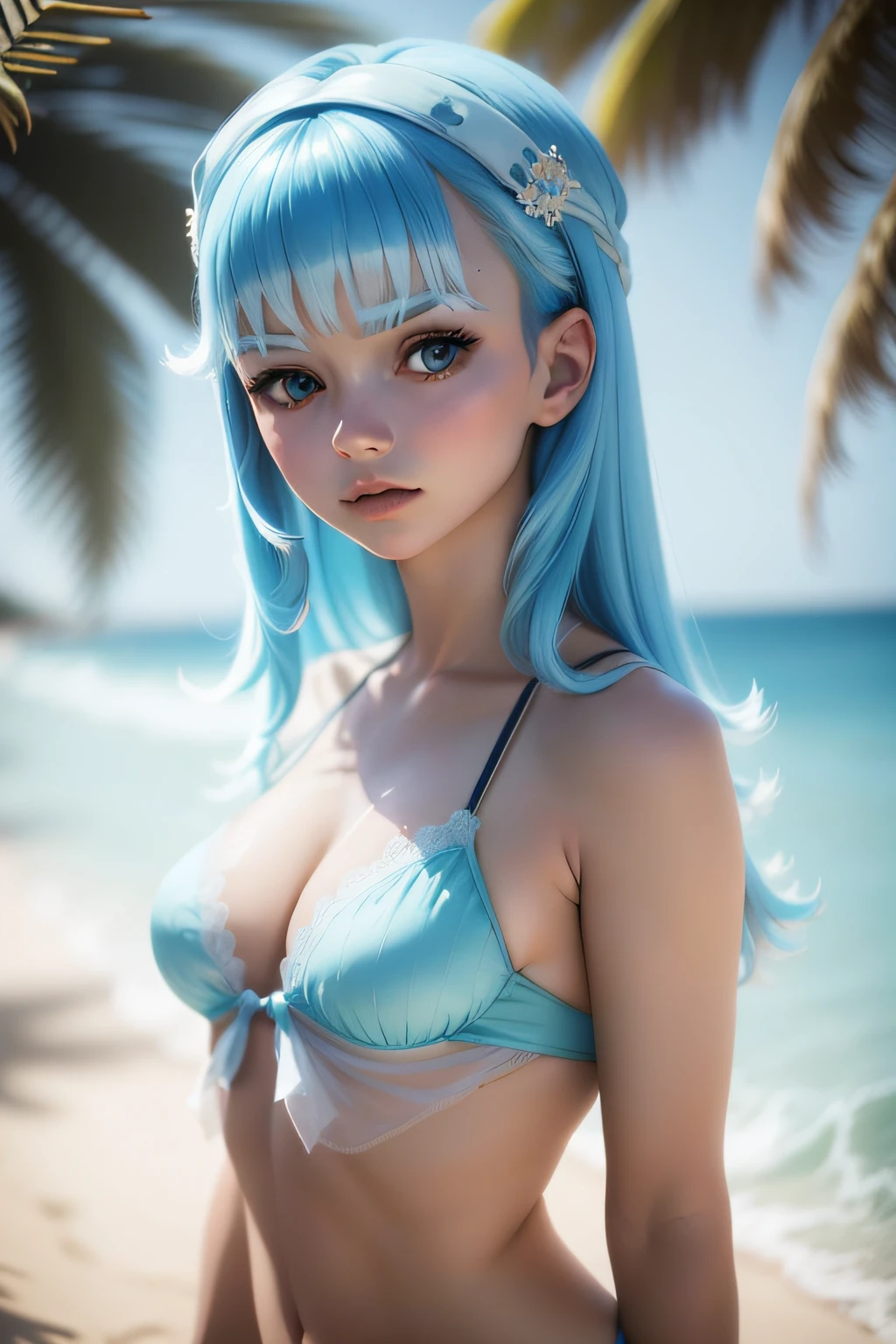 a girl in white transparent camisole with blue hair, blue eyes. her face rendered with intricate detail and natural skin texture, set against a beach backdrop with high-quality, high-resolution, sharp focus, and cinematic lighting., Kobo, Aqua eyes,