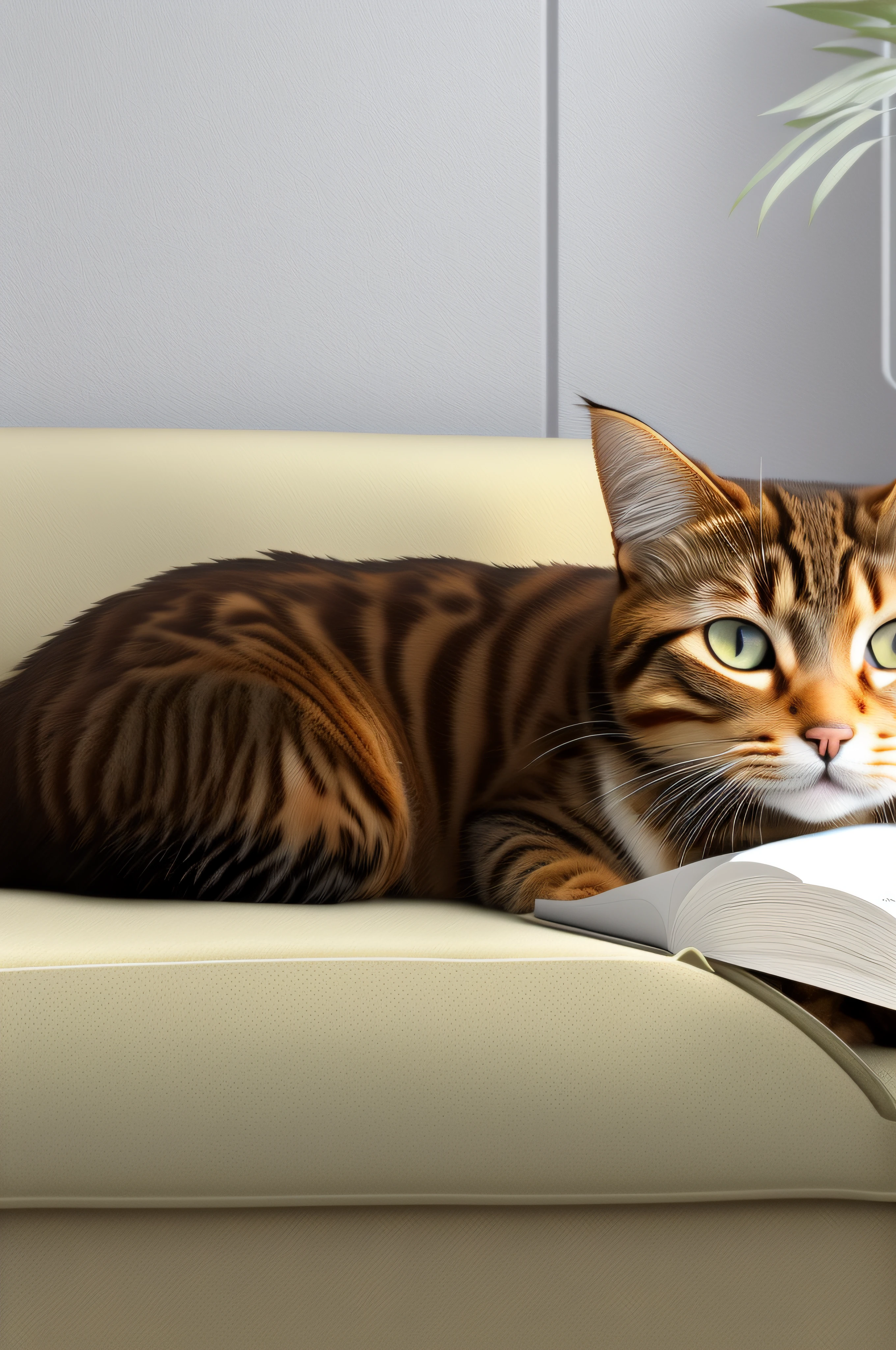 there is a cat that is laying on a couch with a book, realistic illustration, ultrarealistic illustration, ultra realistic illustration, photorealistic illustration, cat. digital painting, there is a book next to the cat, portrait shot, hyperrealistic illustration, photo realistic image, intellectual cat, photo realistic style, illustration of a cat, photorealistic picture, digitally painted