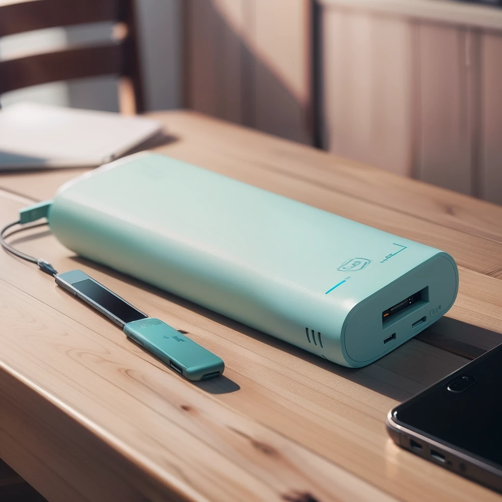 There is a power bank on the table,Give it a close-up,There is a slight table decoration around it