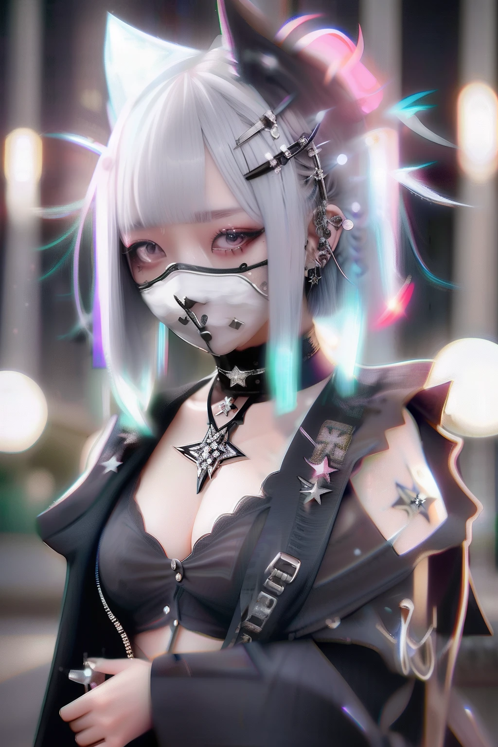 eye glass、Lunette de soleil、piercings、Forehead、Blunt bangs、Eyebrows are visible、The bikini、goth_punk, 1girl in, 独奏, medium shot, Walking in Harajuku, ((during night)), bokeh dof, Neon light, Iridescent eyes, starrysky, White shiny hair, White eyebrows, Radiant hair, (iridescent white hair), 耳环, bangss, jewely, masks, bluntbangs, verd s eyes, Mouth mask, blurry backround, bblurry, hair adornments, Look at viewers, shorth hair, portraitures, side locks