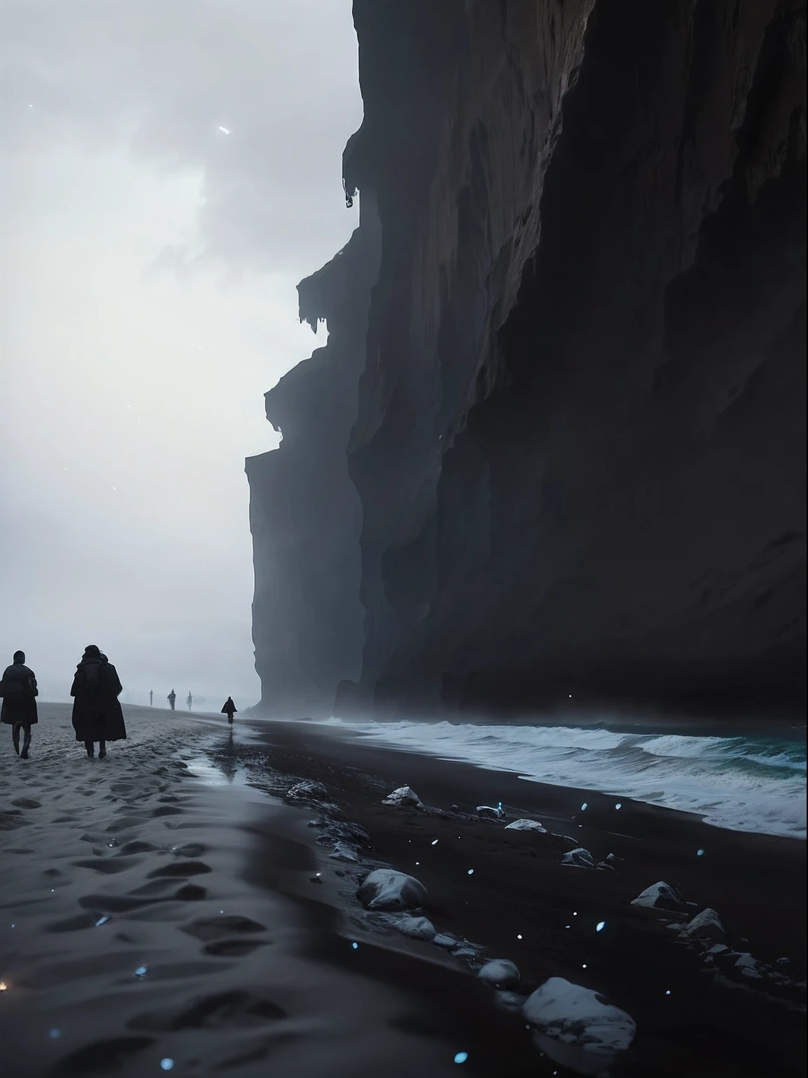 People walking on the beach near the cliffs with dark sky, epic cinematic concept art, dark cinematic concept art, 8k matte painting, 8 k matte painting, photorealistic dark concept art, death stranding art style, epic cinematic matte painting, concept art 8 k resolution, concept art 8k resolution, Inspired by Christopher Balaskas, author：Christopher Balaskas