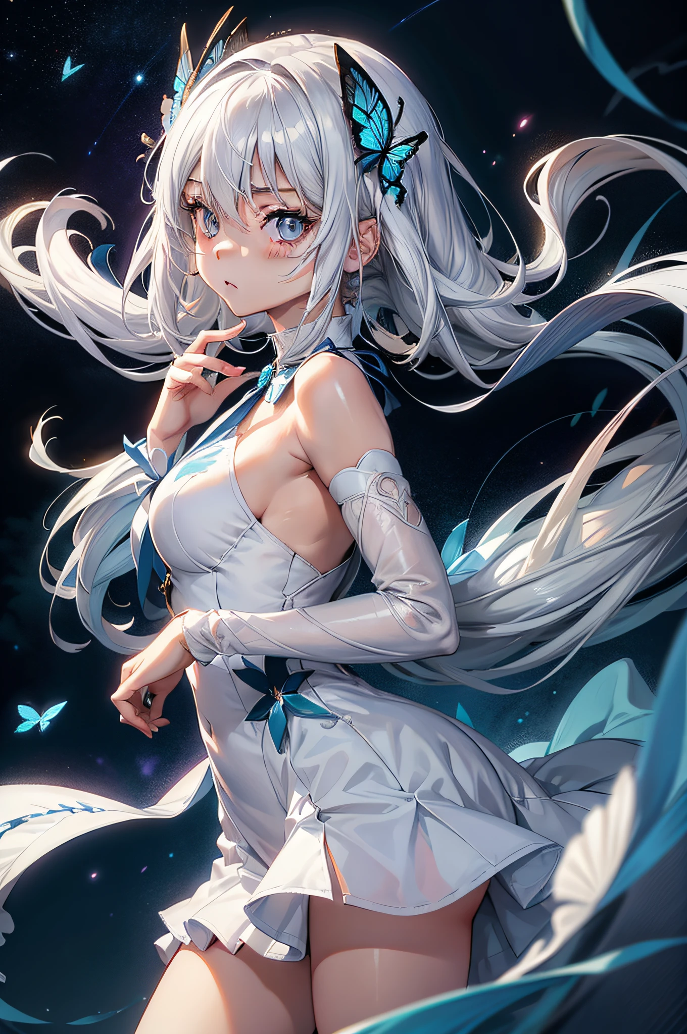 silber hair，butterflys，long whitr hair，white wedding gown，8k wallpaper，detailedbackground，Highest high resolution，deep v big breasts，Hair covers one eye，Bandeau wedding dress，chies，White rose，tight-fitting，chies，In the daytime，ln the forest