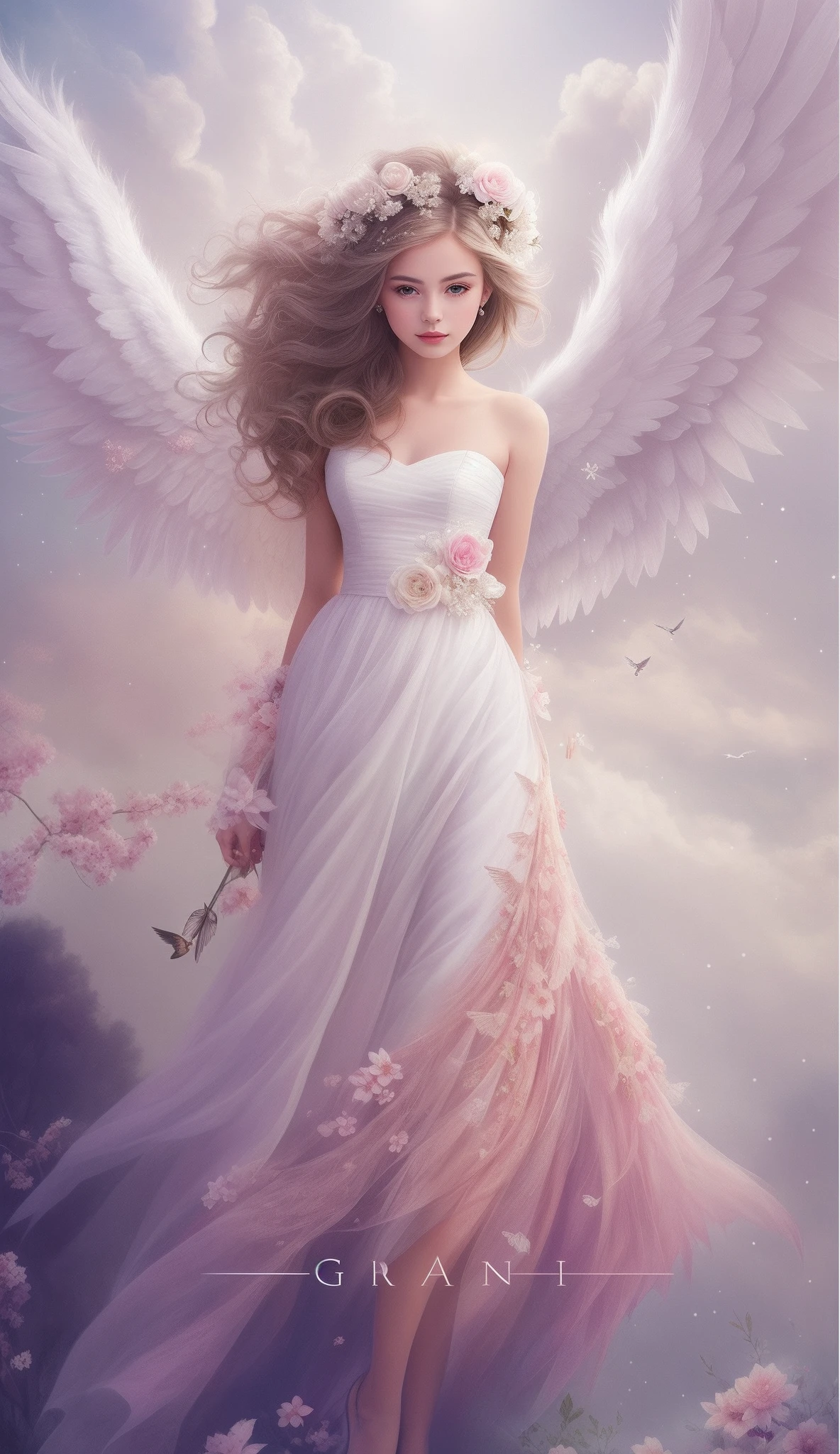 Drawing a woman in a white dress,Wings and flowers are depicted, Beautiful Angel, full - body majestic angel, a beautiful female angel, of an beautiful angel girl, tall female angel, Beautiful Angel, Angel Girl, Portrait of a beautiful angel, angelicales, beautiful angel girl portrait, winged girl angel, beautiful fantasy art, beautiful angelic wings, ethereal wings