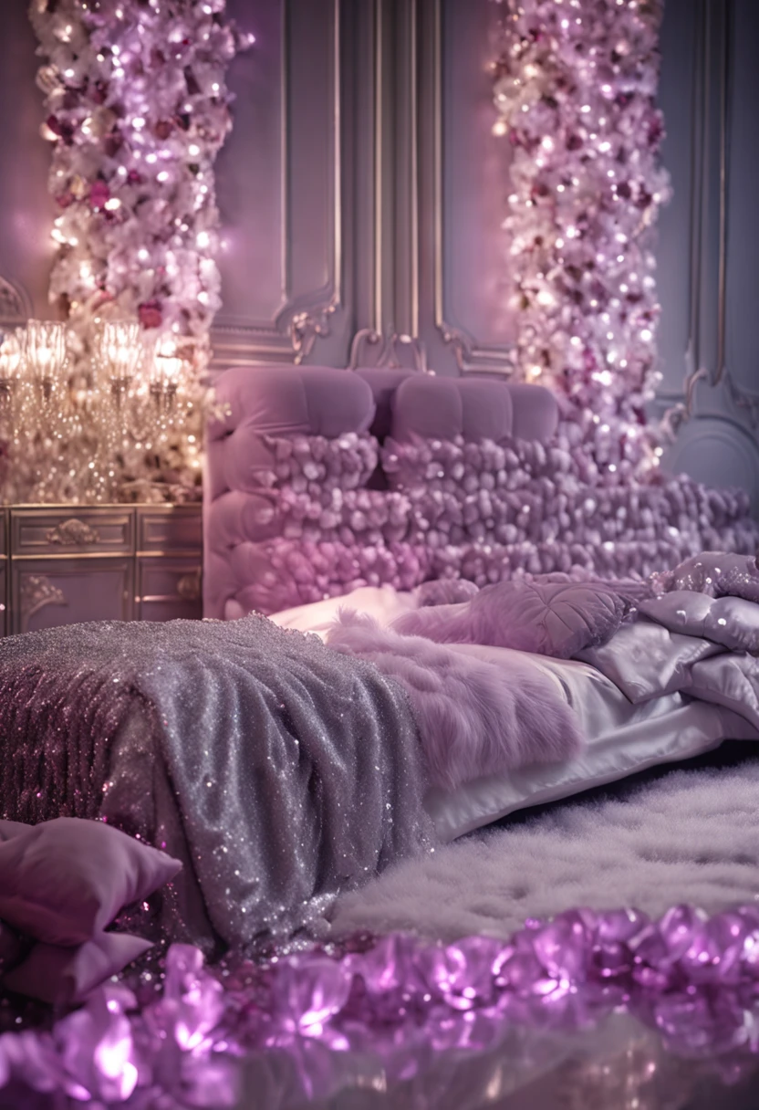 hyper realistic photo, ultra detailed photograph of a beautiful crystal bed, highly detailed pillows, cutecore, photorealistic, iridescent silver purple, hyperrealism, fluffy blankets, shimmering, sheer, sexy, Ultra photoreal, Intricate details, Ultra detailed, elegant photorealistic, great high details, hyper real photo, 8k, extreme quality, mirrors, flowers, jewels