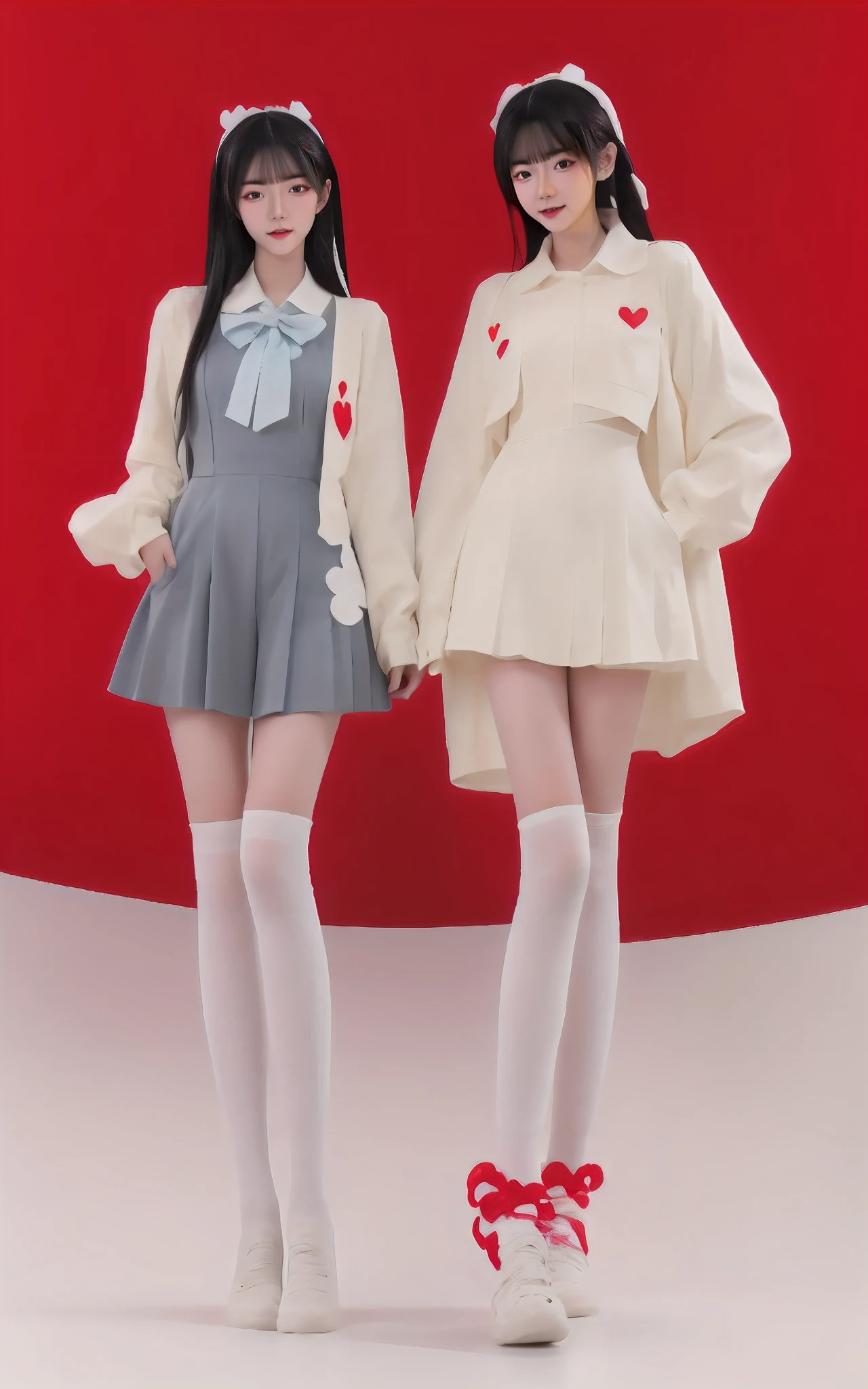 Two women wearing white dresses and red stockings pose for a group photo, inspired by Wang Duo, white and red dresses, nixeu and sakimichan, red velvet, full-body xianxia, shaxi, two models in the frame, concept photoset, trending on cgstation, high - end fashion photoshoot, inspired by Gao Cen, wearing white clothes