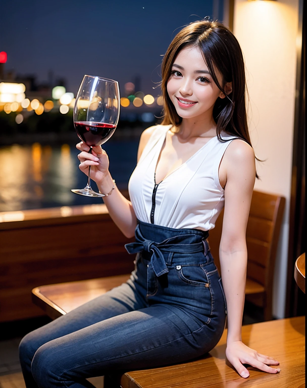 (64K, UHD, top quality, masterpiece: 1.2), (realistic, photorealistic: 1.37), super detailed, pretty woman 1, (slim face), (slim body), (brown hair), (short cut), cheeks slightly blushing, (40 years old), 38 years old, solo, beautiful detailed urban night view outside the window, restaurant, wine glass sitting, at night, in a prominent place (from the waist up) NovaFrogStyle, Actress, Model, Waist Up, White Wine, Slim, Wine Glass, Super Clean Night View, Wine Glass Put in the Middle, Happy Smile, (Smile: 1.15), Beautiful Fine Eyes, Upper Body, Bust Japan Up, Night, Short, Short, Actress, Model, Waist Up, White Wine, Slim, Wine Glass, Super Clean Night View, Wine Glass Put in the Middle, Happy Smile,