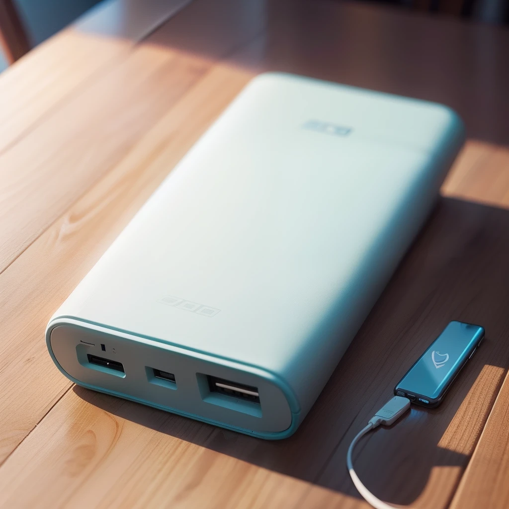 There is a power bank on the table,Give it a close-up,There is a slight table decoration around it